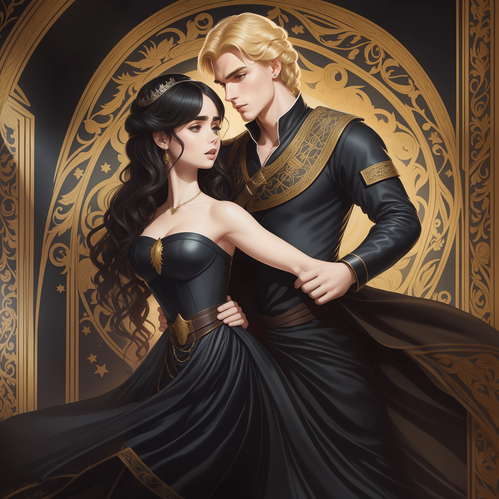 Lily Collins, who has curly black hair, wears a medieval dress. the Neels Visser wears a medieval military outfit and has blonde hair. The couple is waltzing in the ballroom. The illustration is like a book cover with a detailed, bright, illuminated, ultra detailed background, conceptual art, elegant, Artgerm art