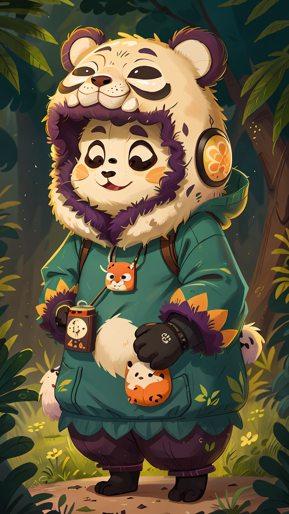 A panda, with cover, mask, happy perfect quality, clear focus (clutter - house: 0.8), (masterpiece: 1.2) (realistic: 1.2) (bokeh) (best quality) (detailed skin: 1.3) (intricate details) (8K) (detail eyes) (sharp focus), (happy)