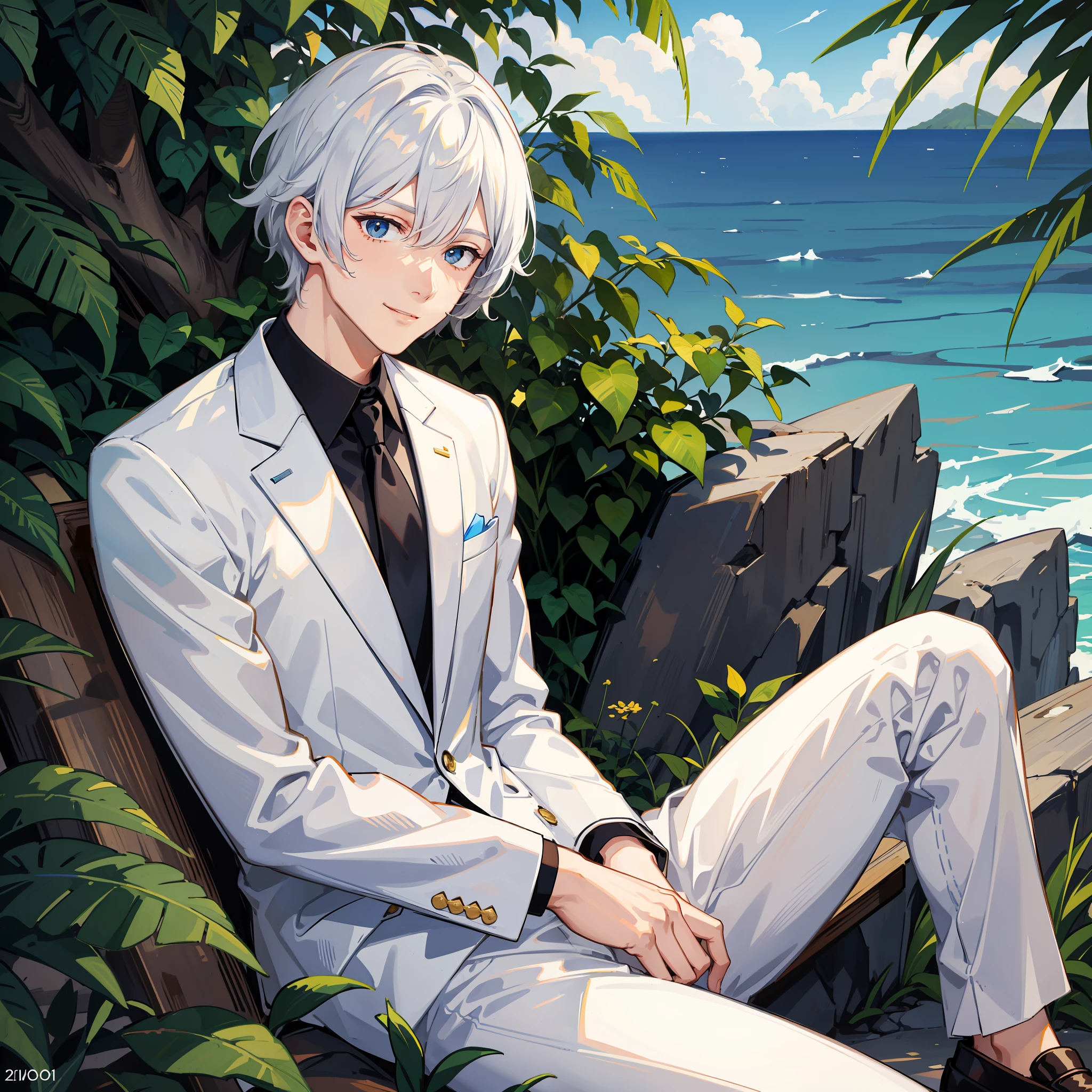 Adult Male, Wearing a white Suit and pants, facing the sea, sitting, white short hair, midnight,Blue right eye, yellow left eye, smile, With a green bush behind