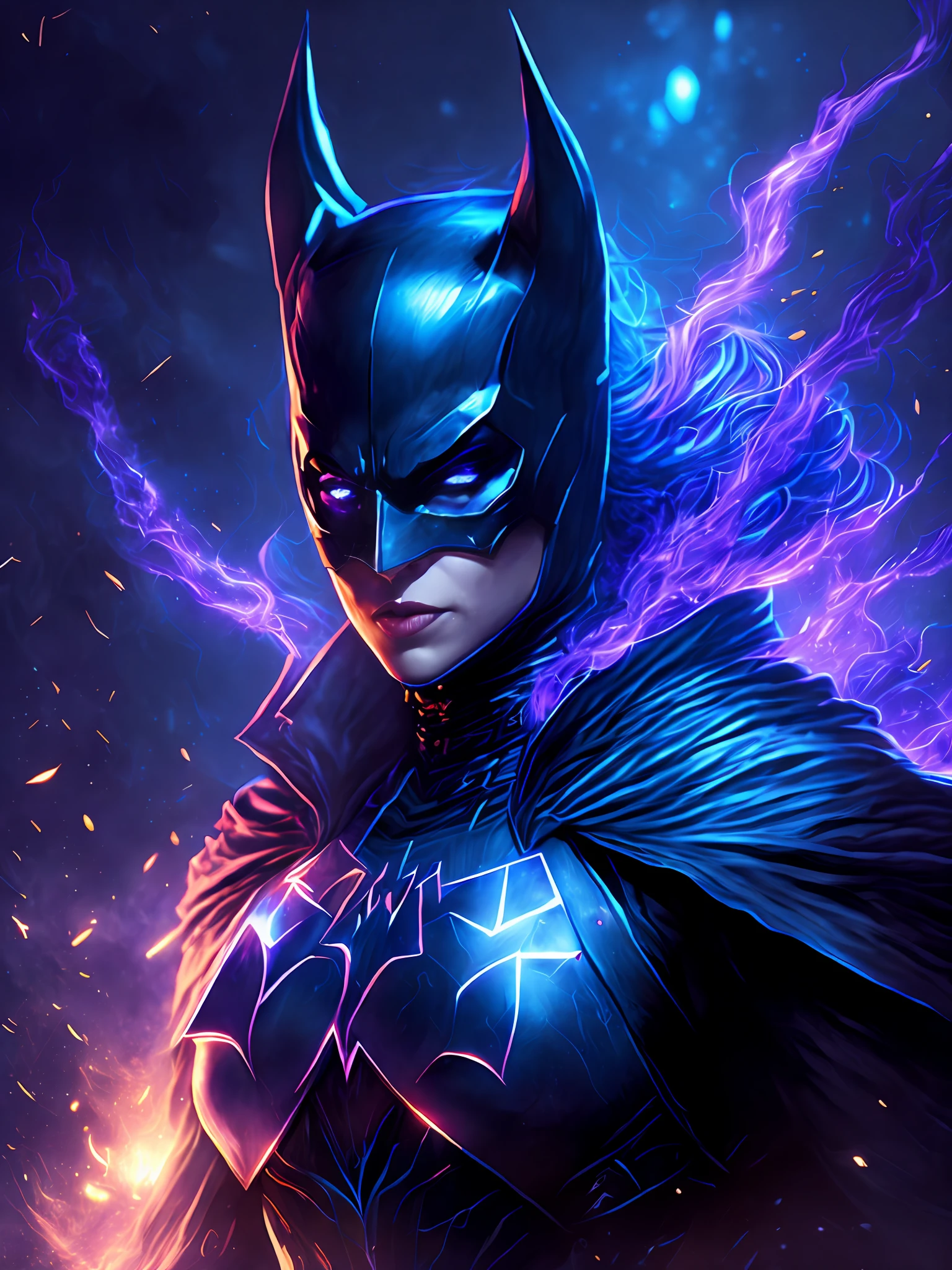 gloomy portrait of Batgirl Black Lantern from DC, extremely detailed, futuristic cityscape, nighttime, glowing neon lights, smoke, sparks, metal shavings, flying debris, blue energy effects, volumetric light