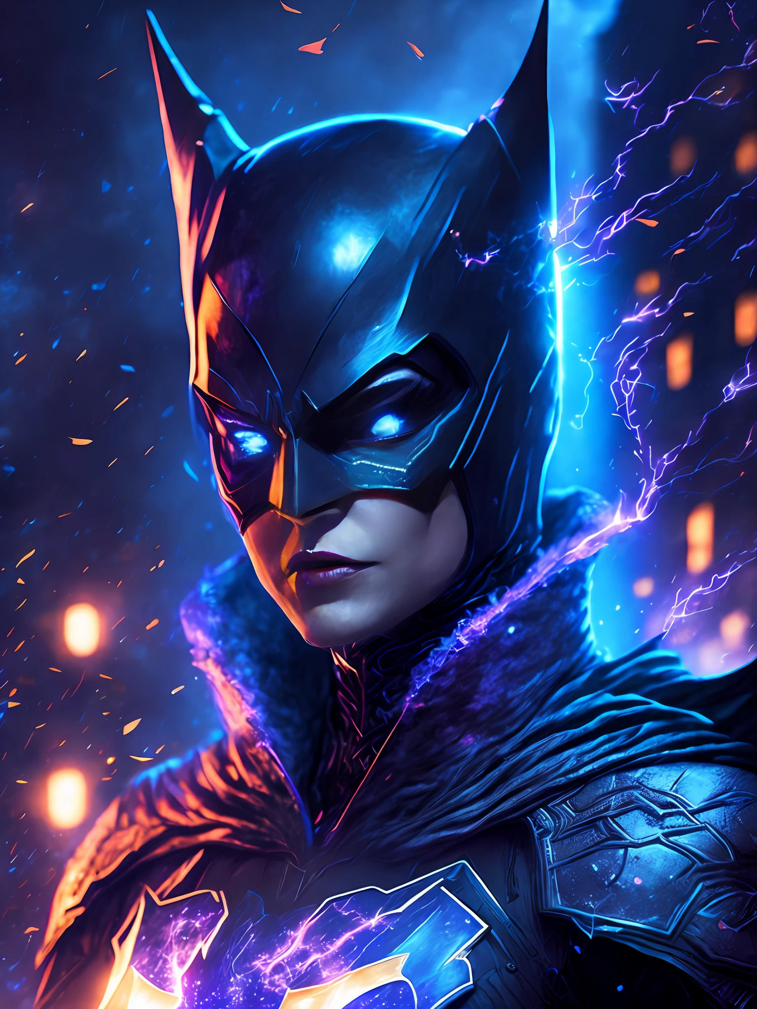 gloomy portrait of Batgirl Black Lantern from DC, extremely detailed, futuristic cityscape, nighttime, glowing neon lights, smoke, sparks, metal shavings, flying debris, blue energy effects, volumetric light