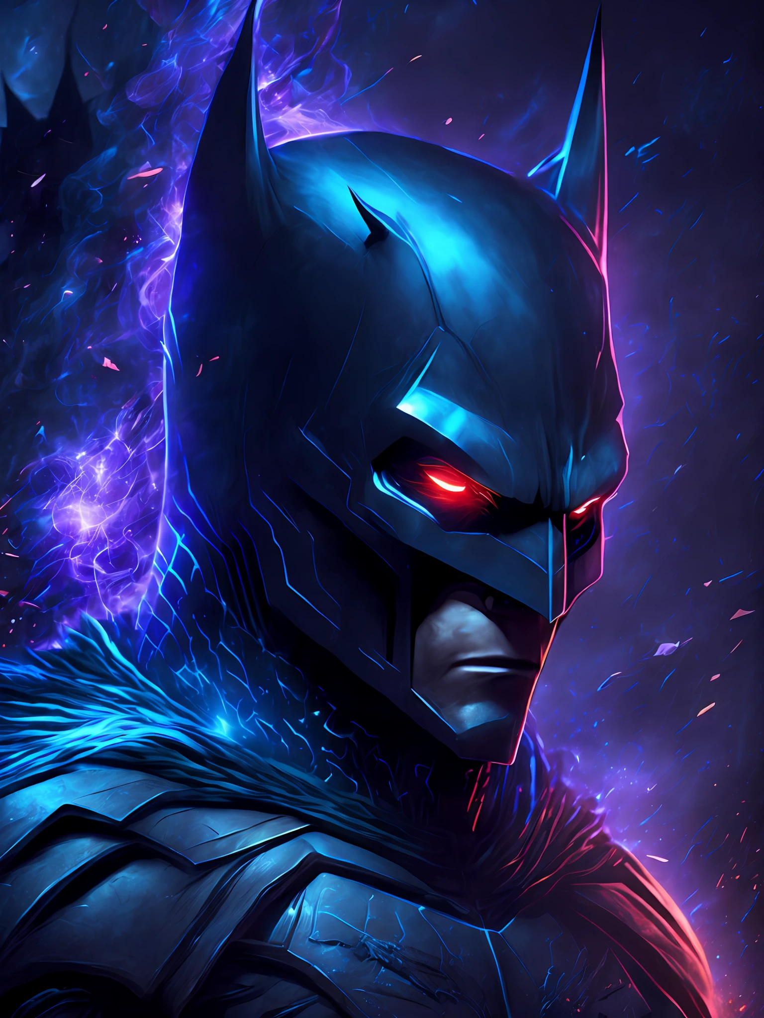gloomy portrait of Batman Beyond Black Lantern from DC, extremely detailed, futuristic cityscape, nighttime, glowing neon lights, smoke, sparks, metal shavings, flying debris, blue energy effects, volumetric light