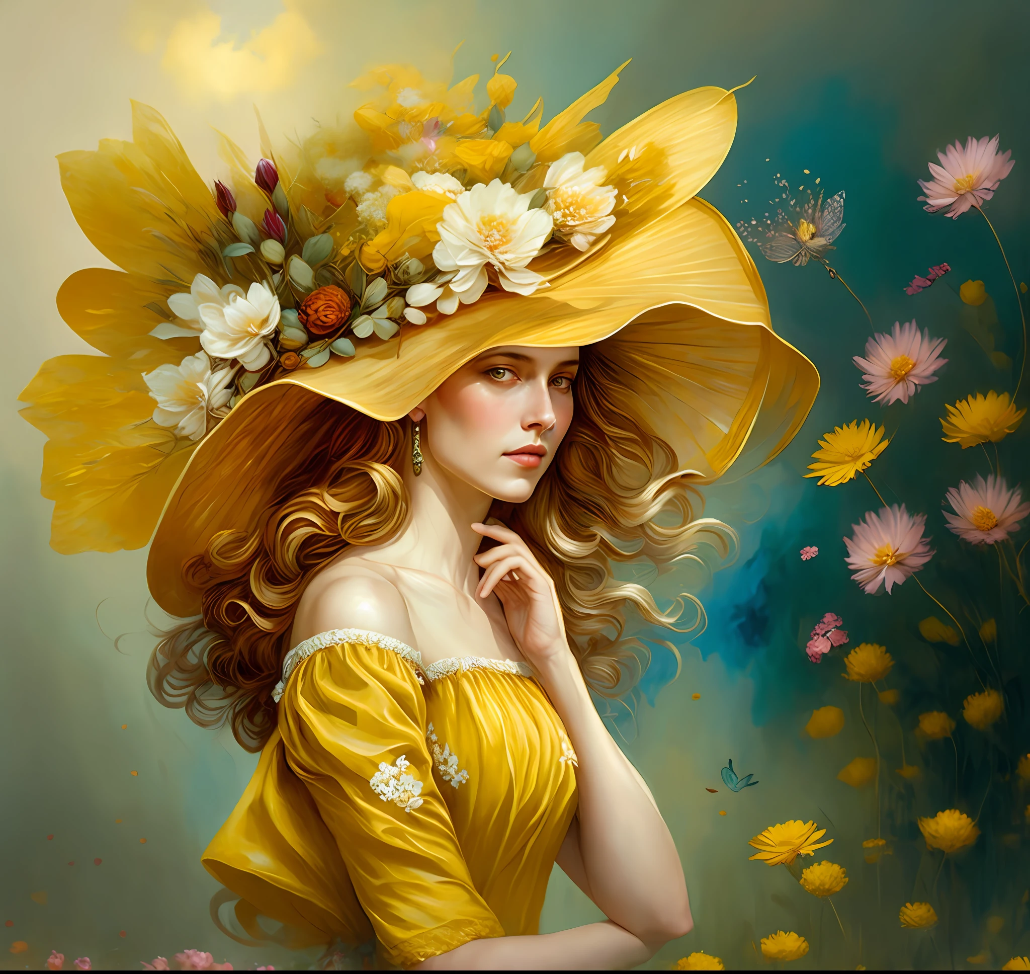 painting of a woman in a yellow hat with flowers on her head, beautiful yellow woman, beautiful character painting, a beautiful artwork illustration, beautiful fantasy art portrait, karol bak uhd, fantasy portrait art, beautiful art uhd 4 k, exquisite digital illustration, fantasy art portrait, beautiful digital illustration, illustration art, feminine portrait, heather theurer, beautiful maiden