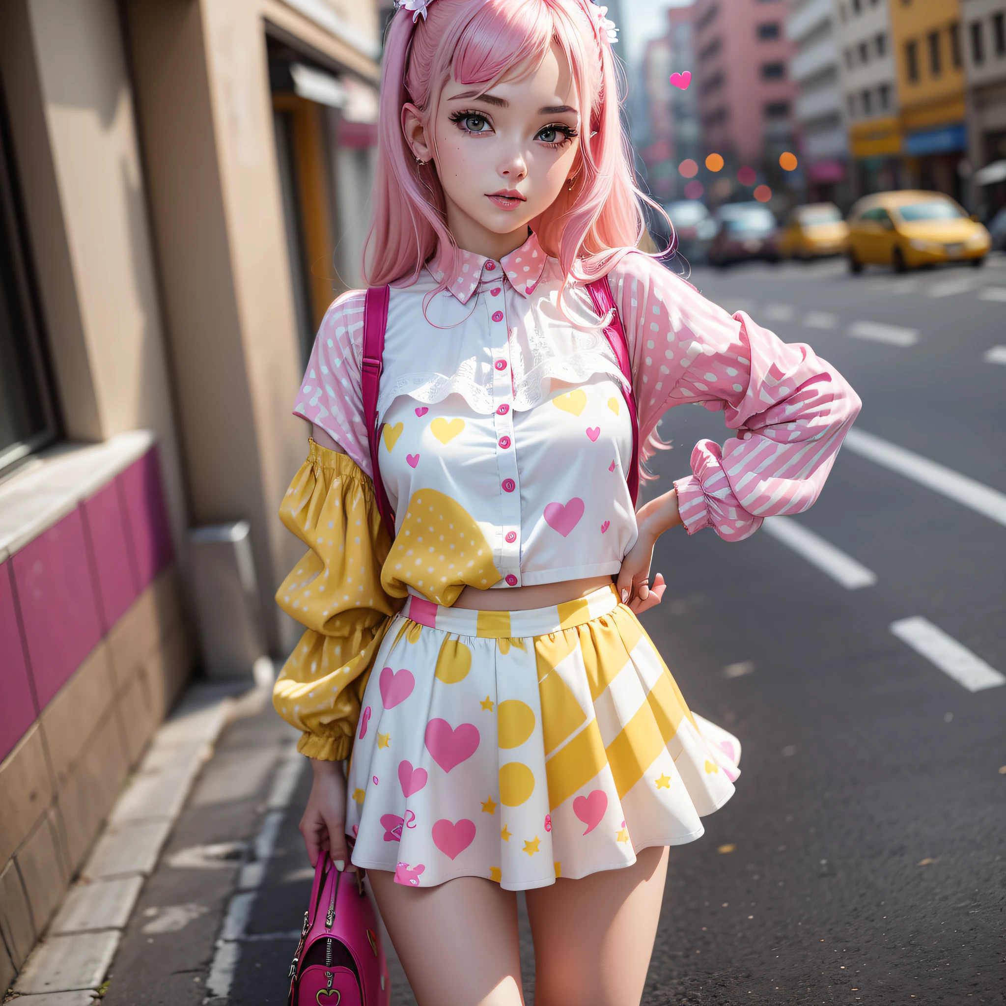 Young woman with pink white skin with magenta polka dots over all blonde hair dressed in yellow long-sleeved blouse and with a design of a small red heart in the center of the yellow blouse, wearing mini skirt in magenta color and wearing ballerina sandals on her feet in magenta color.
In the right corner of the image is inserted the phrase "Creation of Fernando Rebouças - All Right Reserved --auto --s2