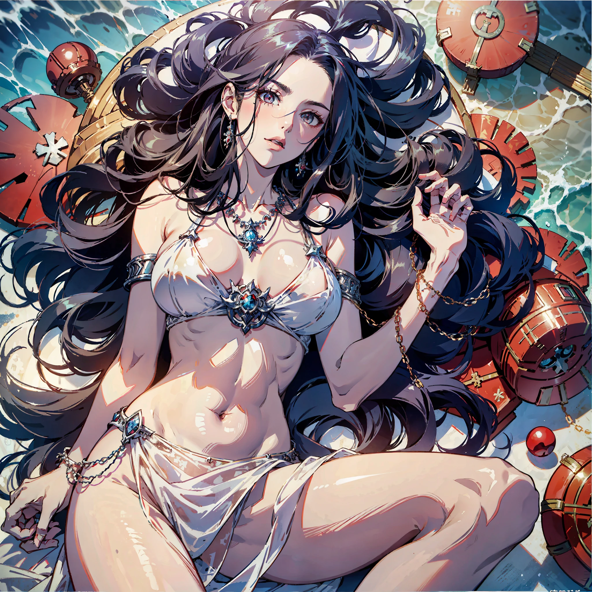 8k, Medusa, long hair, red and white eyes, super detailed sea surface, explosion in eye reflection, sexy wedding dress, transparent material, sunny beach background, expression of joy and joy, full of charm, symbol of central femininity, well-structured female body, plump breasts, thin waist, gorgeous necklace, waist chain, neck chain, blue jewelry all over the body, lying on a white bed, looking down, perfect hips, white feet, smooth and delicate skin, perfect legs, perfect hands,