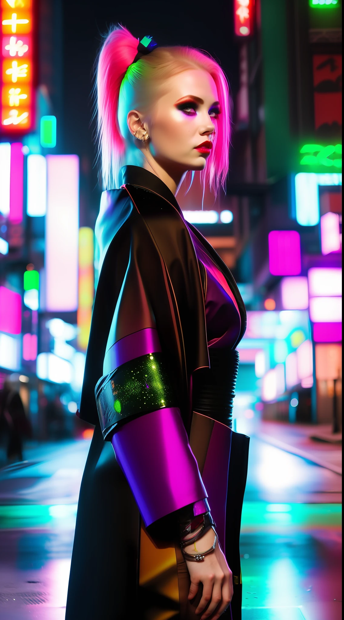 ((masterpiece 1.2)), high details, cyber punk, full body, wearing kimono, woman with piercing look, blonde hair, set in neon city, 24mm lens, (4K), cinema, dramatic lighting, deep shadows, (intense HDR), canon, sparkle, textured