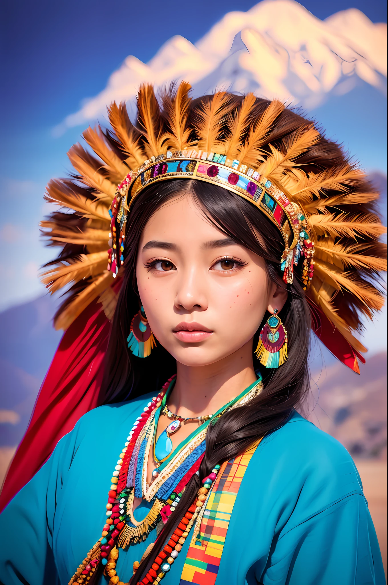 painting of a woman in native dress with a headdress and a mountain in the background, aztec princess portrait, portrait of a young pocahontas, detailed face of a asian girl, portrait of modern darna, portrait of pocahontas, a beautiful artwork illustration, detailed color portrait, detailed beautiful portrait, stunning digital illustration, beautiful young wind spirit