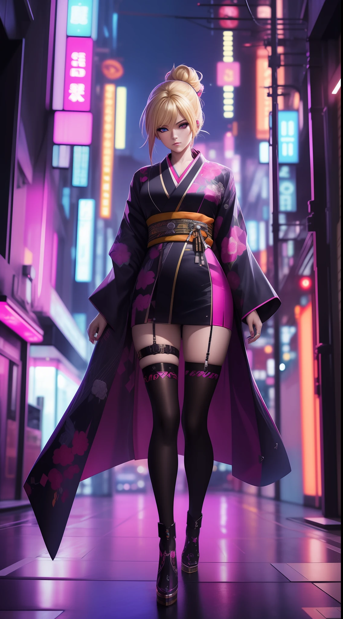 ((masterpiece 1.2)), high details, cyber punk, full body, wearing kimono, woman with piercing look, blonde hair, set in neon city, 24mm lens, (4K), cinema, dramatic lighting, deep shadows, (intense HDR), canon, sparkle, textured