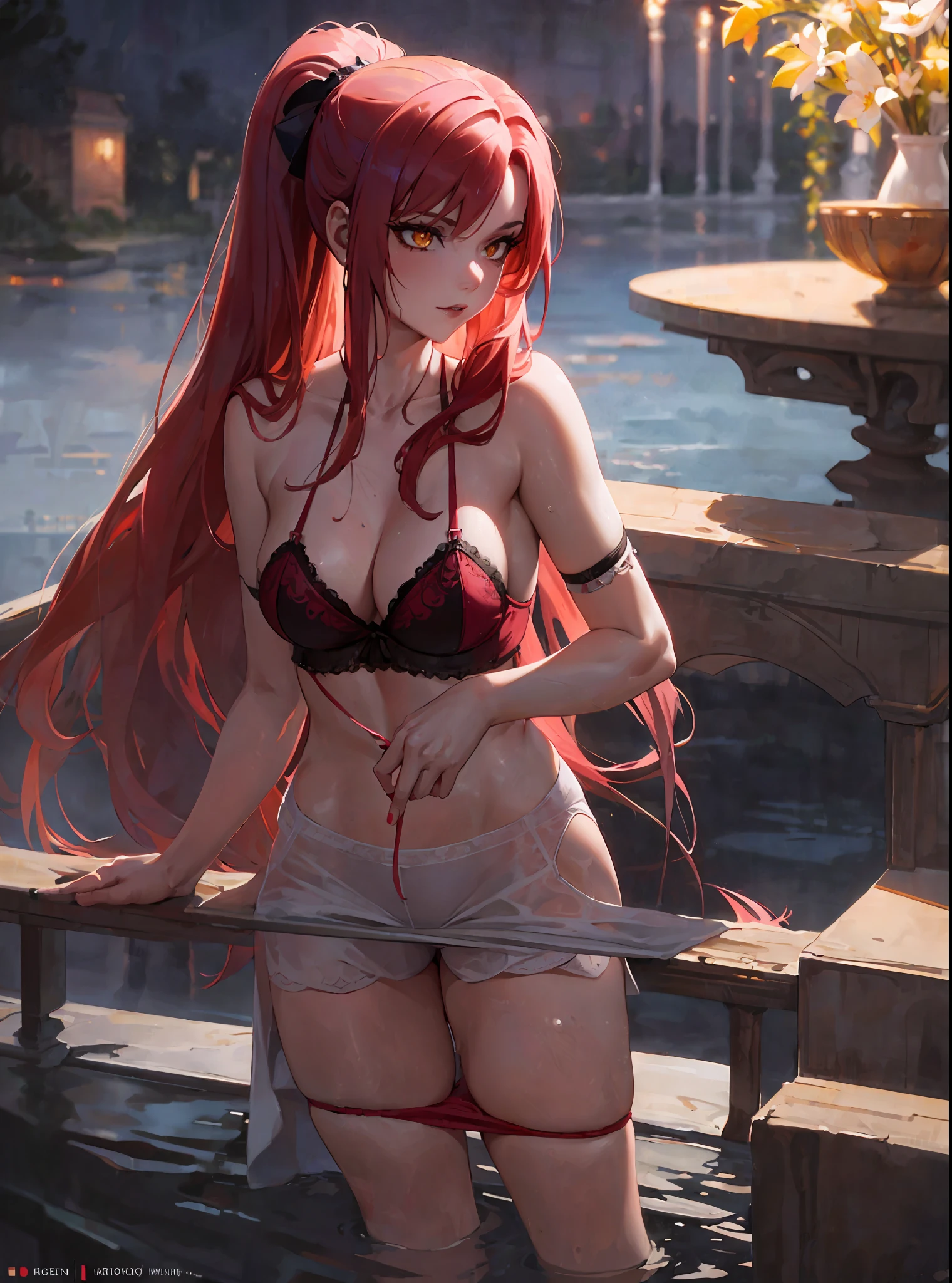 (masterpiece, best quality) an adult woman with very long red hair, ((bath in the lake)), wet skin, underwear, white, (pink lingerie), ponytail, without pants, (night), long stockings, , ((sexy lingerie)), queen, alone, yellow eyes, serious, emotionless, dusk, ((seductress)), bathing, straight bangs, very long red hair, evil, (yellow eyes), flirtatious, gothic, back, back,  moonlight, medium chest, head-to-waist portrait, cinematics, (solo), color oil painting, cinematic lighting, extremely detailed face, finely detailed face, beautiful face, beautiful eyes, perfect lighting, depth of field, (realistic proportions), (good anatomy)