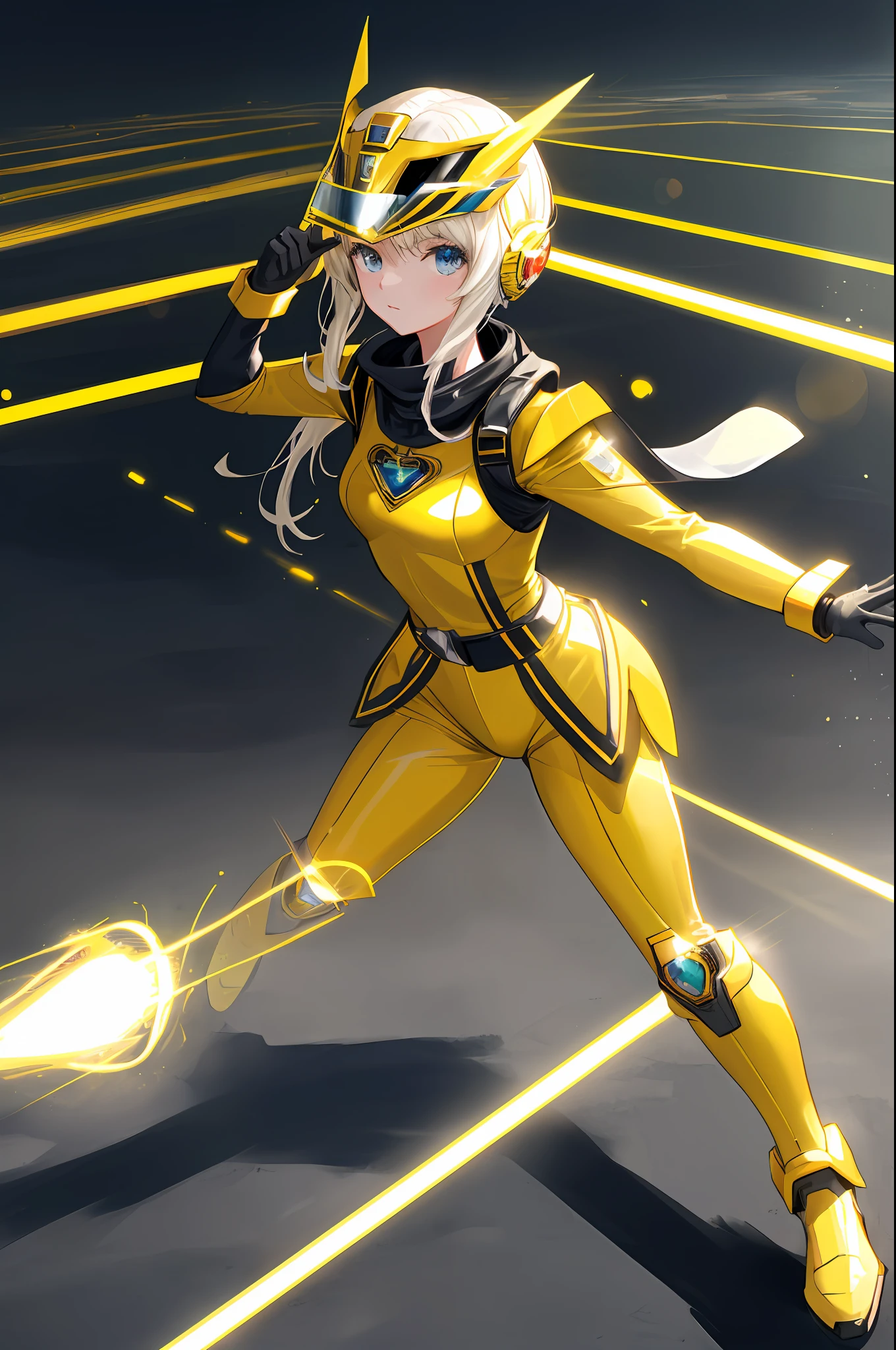 (Masterpiece, Top Quality: 1.2), Super Detailed, Cinematic Lighting, (1 Girl: 1.3), She is a Sentai Heroine, Sentai Hero Goranger, Yellow Full Body Suit, Super Sentai, Power Rangers, Yellow Helmet with Big Heart-Shaped Visor, Very Big Heart Mark on Chest, White Boots, Phantom Fighting, Solo, Beautiful Eyes of Detail, Unified 8k Wallpaper, Ultra Detailed, Beautiful, slim body, small, masterpiece, top quality, original, ultra high definition, sunlight, full body portrait, full body, amazing beauty, dynamic pose, dynamic angle, beautiful eyes, splashing light, laser beam, highly detailed futuristic city, detailed complex background, clear focus,