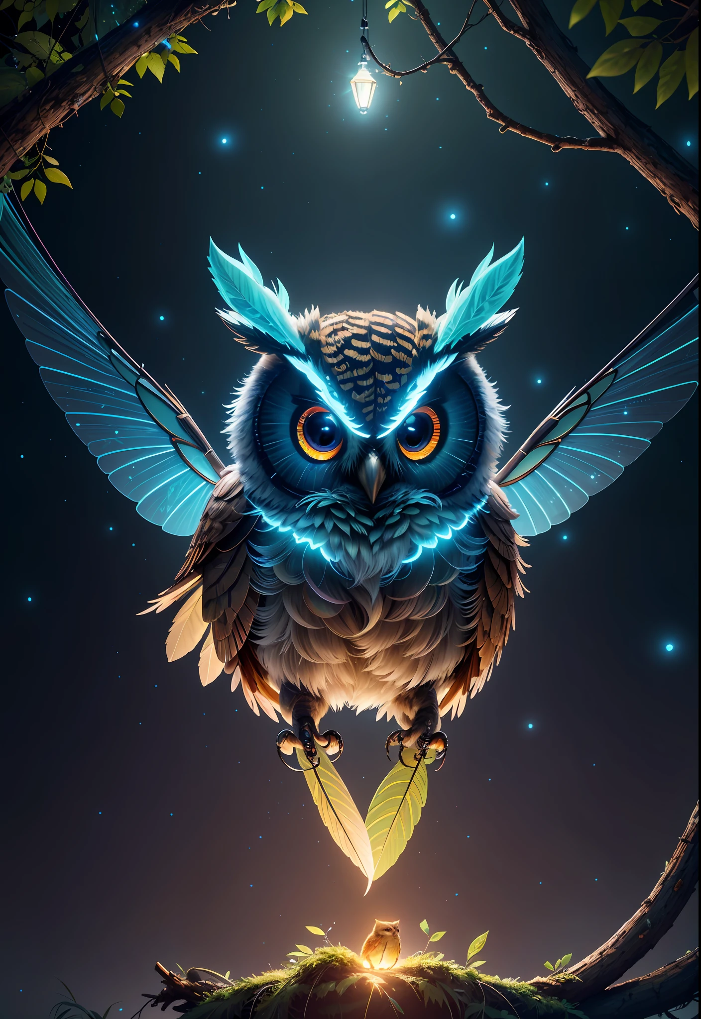 Masterpiece, best quality, extremely beautiful reflection, best reflection. (Very detailed CG unity 8k wallpaper), (best quality), (best illustration), (best shadow), a photo of a cybernetic owl, perched on barbed wire in a dark alley. His eyes are neon blue, reflecting the lights of the surrounding city. The feathers are fragmented and iridescent, and there is a wonderful code running through them. The shots used create a deformation effect, giving the impression that an owl is observing the viewer from all angles, with a forest theme with natural elements. Tall trees, quiet stream, glowing small mushrooms surrounded by delicate leaves and branches, and fireflies and glowing particle effects, (natural elements), (jungle theme), (leaves), (branches), (fireflies), butterflies, (delicate leaves), (glow), (particle effects), isometric 3D, Octane rendering, ray tracing, super detailed