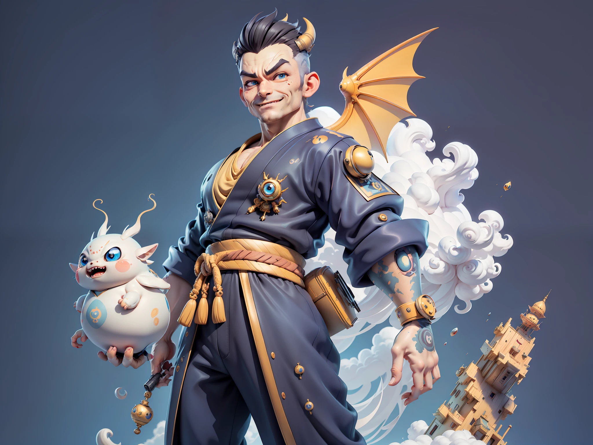 (Masterpiece), (Extreme Quality), (Super Meticulous), (Full Body: 1.2), Super Young Man, Oriental Face, Japanese Kimono, Background, Japanese Ascension Dragon, Cloud, Sky, Dragon, Tongue, Sky, Building, City, Blue Eyes, Open Mouth, Teeth, Horn, Glow, TV Anchor, Bust Portrait Illustration, Alone, Black Suit, Blue Tie, Slightly Chubby Face, Very Clean Face, No Beard, Black Super Short Hair, Black Eyes, Confident Smile, 3c Computer Sub-Products, iPad, iPhone, Digital painting, 3D character design by Akira Toriyama and Mark Claireden and Pixar and Hayao Miyazaki, the illustrations are HD illustrations in 4K resolution with very detailed facial features and cartoon-style visuals.
