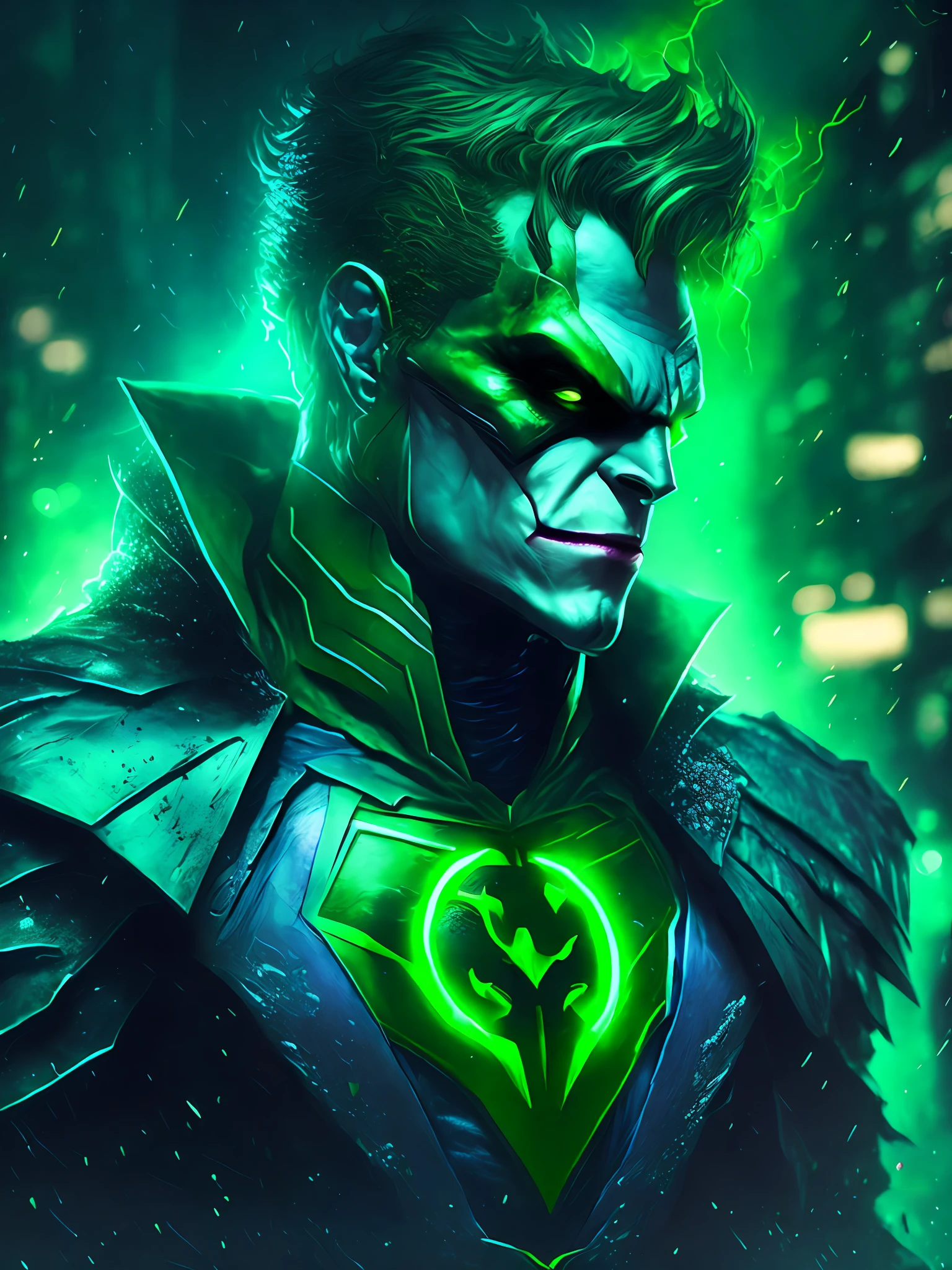 gloomy portrait of Joker Green Lantern from DC, extremely detailed, futuristic cityscape, nighttime, glowing neon lights, smoke, sparks, metal shavings, flying debris, blue energy effects, volumetric light