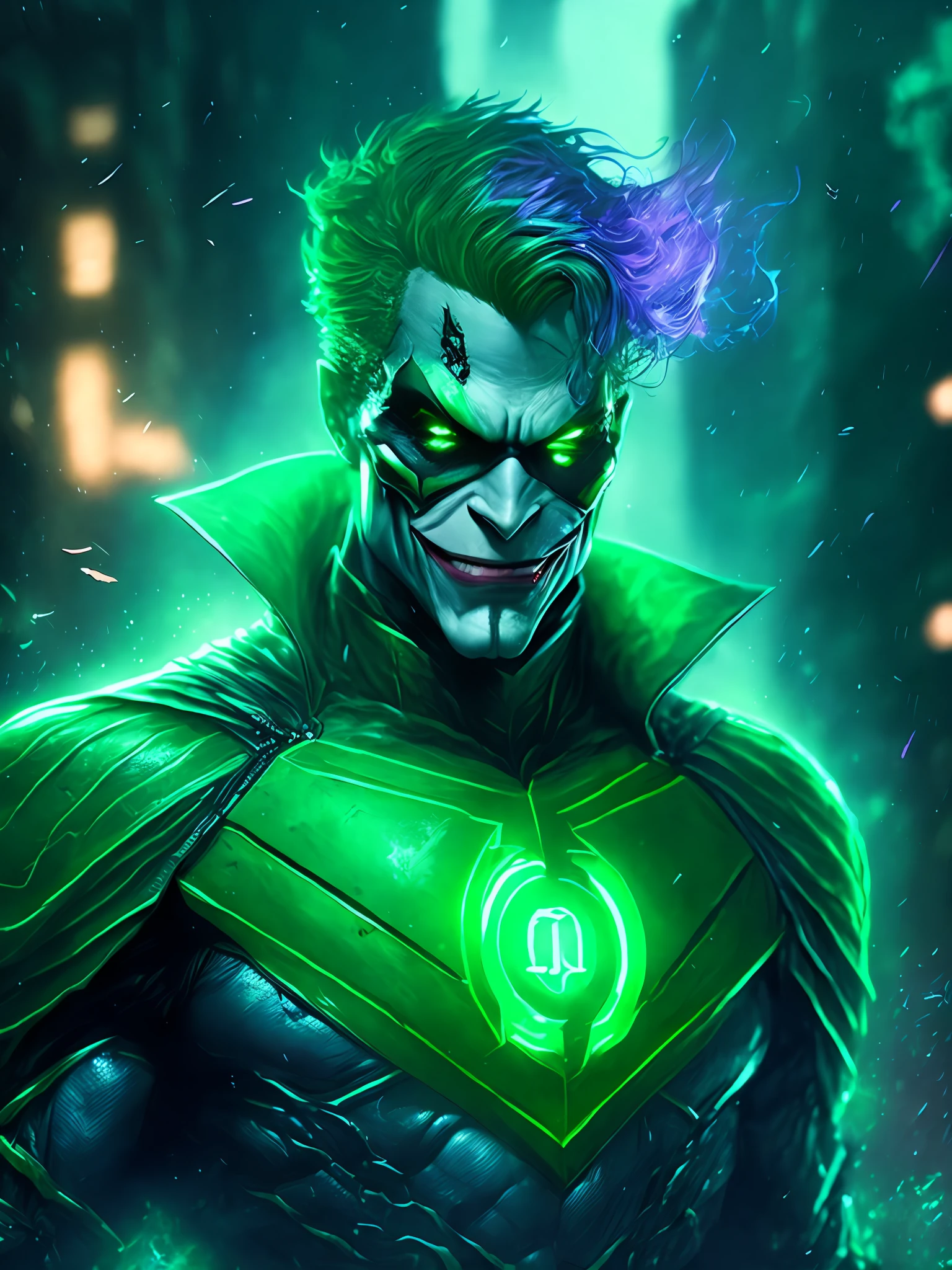 gloomy portrait of Joker Green Lantern from DC, extremely detailed, futuristic cityscape, nighttime, glowing neon lights, smoke, sparks, metal shavings, flying debris, blue energy effects, volumetric light