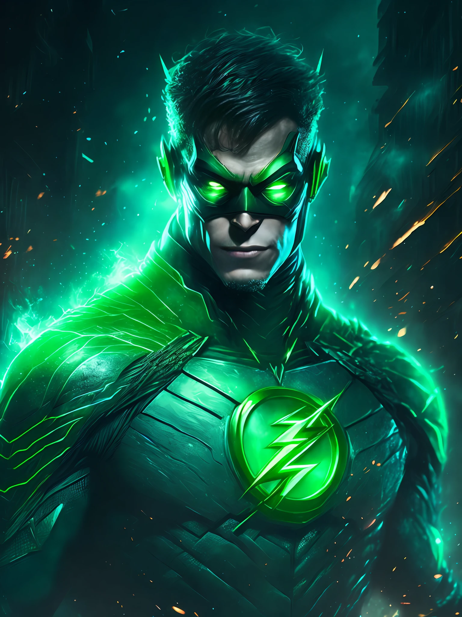 gloomy portrait of Flash Green Lantern from DC, extremely detailed, futuristic cityscape, nighttime, glowing neon lights, smoke, sparks, metal shavings, flying debris, blue energy effects, volumetric light