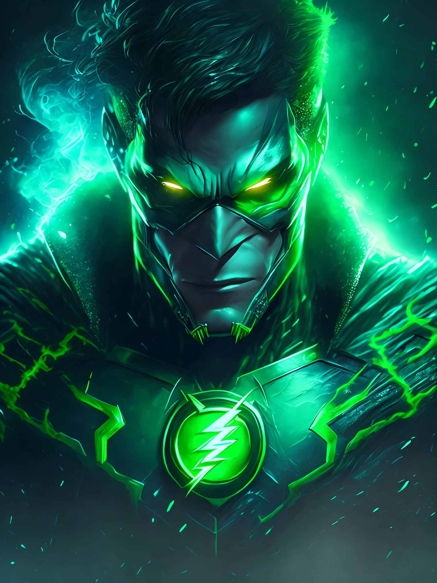 gloomy portrait of Flash Green Lantern from DC, extremely detailed, futuristic cityscape, nighttime, glowing neon lights, smoke, sparks, metal shavings, flying debris, blue energy effects, volumetric light