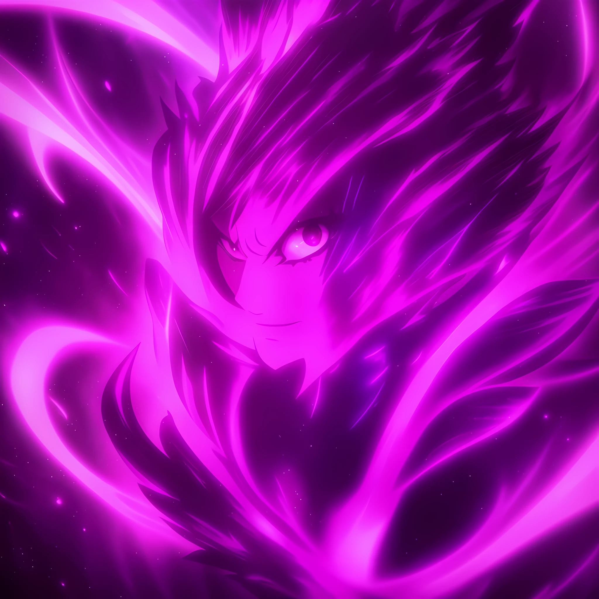 a close-up of a person with a purple and black background, glowing black aura, evil aura, 8k anime, an epic anime of a being with purple fire powers, epic anime style, menacing aura, aura of darkness, evolving into its final form, aura of incandescent power, glowing cosmic flourishing power