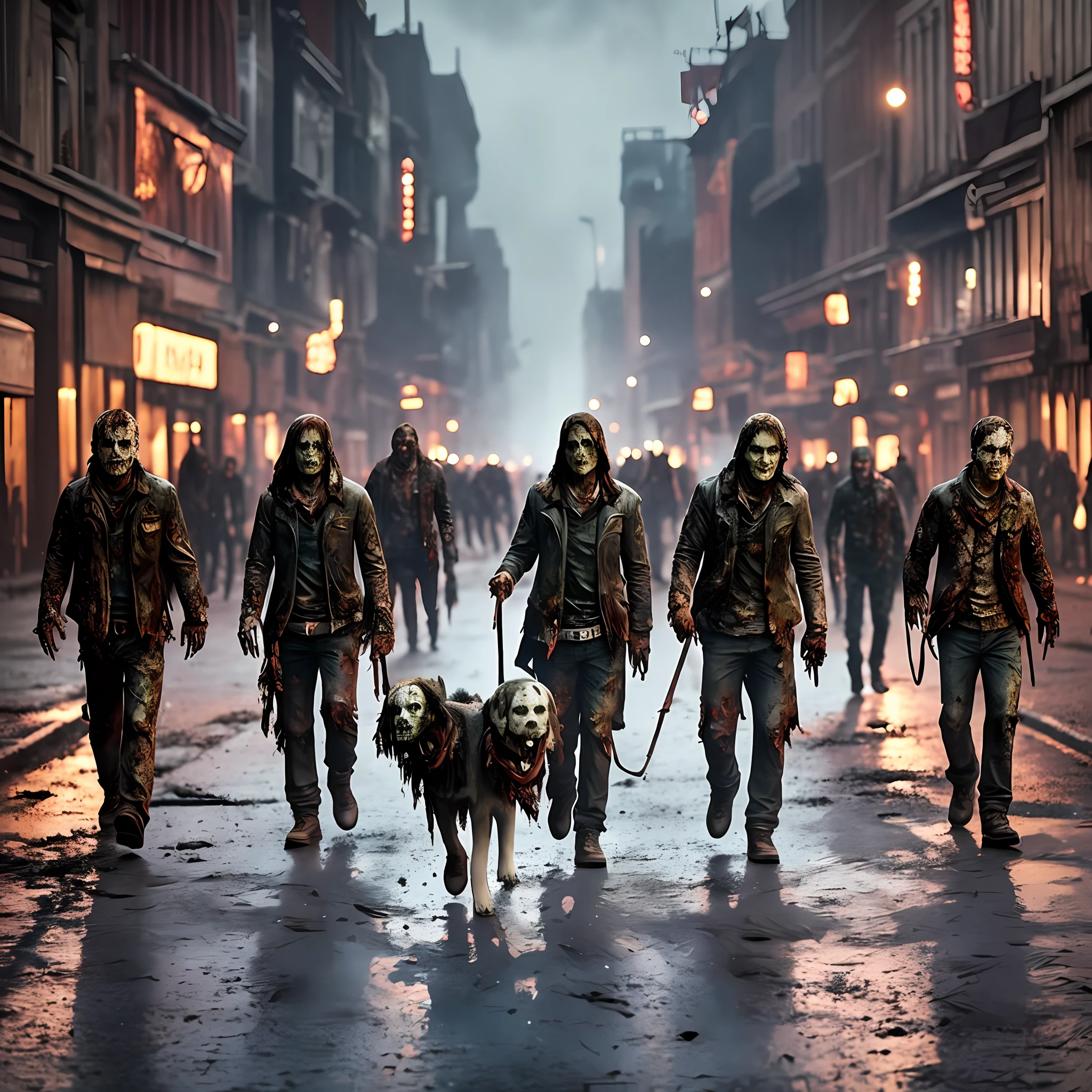 create thousands of zombies, no body parts, showing bone, walking towards a puppy in the middle of the street, ultra realistic image, cinematic, reflections, textures, depth, dark environment, --auto --s2