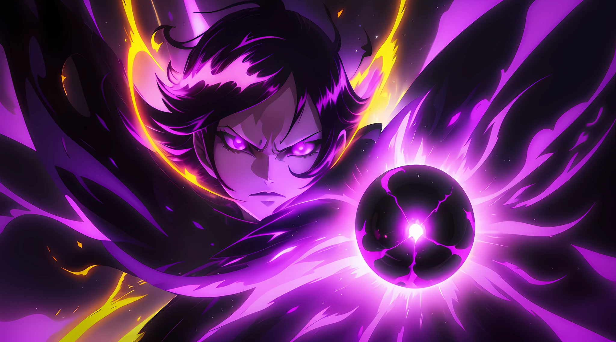 a close-up of a person with a purple and black background, glowing black aura, evil aura, 8k anime, an epic anime of a being with purple fire powers, epic anime style, menacing aura, aura of darkness, evolving into its final form, aura of incandescent power, glowing cosmic flourishing power