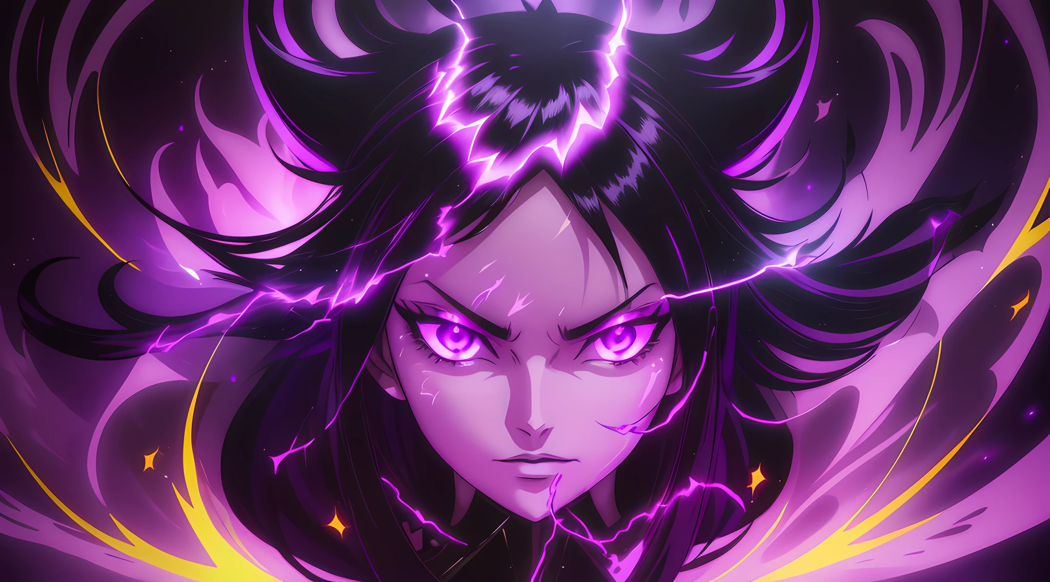 a close-up of a person with a purple and black background, glowing black aura, evil aura, 8k anime, an epic anime of a being with purple fire powers, epic anime style, menacing aura, aura of darkness, evolving into its final form, aura of incandescent power, glowing cosmic flourishing power