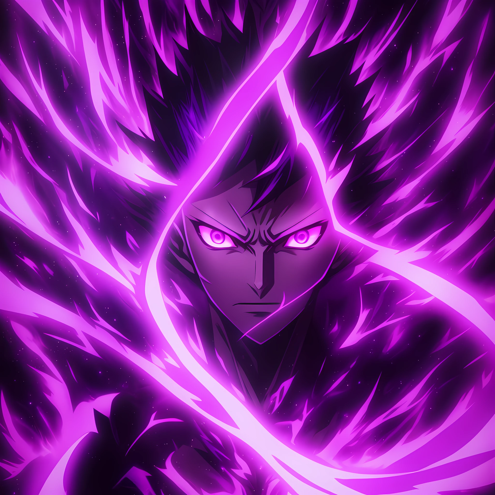 a close-up of a person with a purple and black background, glowing black aura, evil aura, 8k anime, an epic anime of a being with purple fire powers, epic anime style, menacing aura, aura of darkness, evolving into its final form, aura of incandescent power, glowing cosmic flourishing power