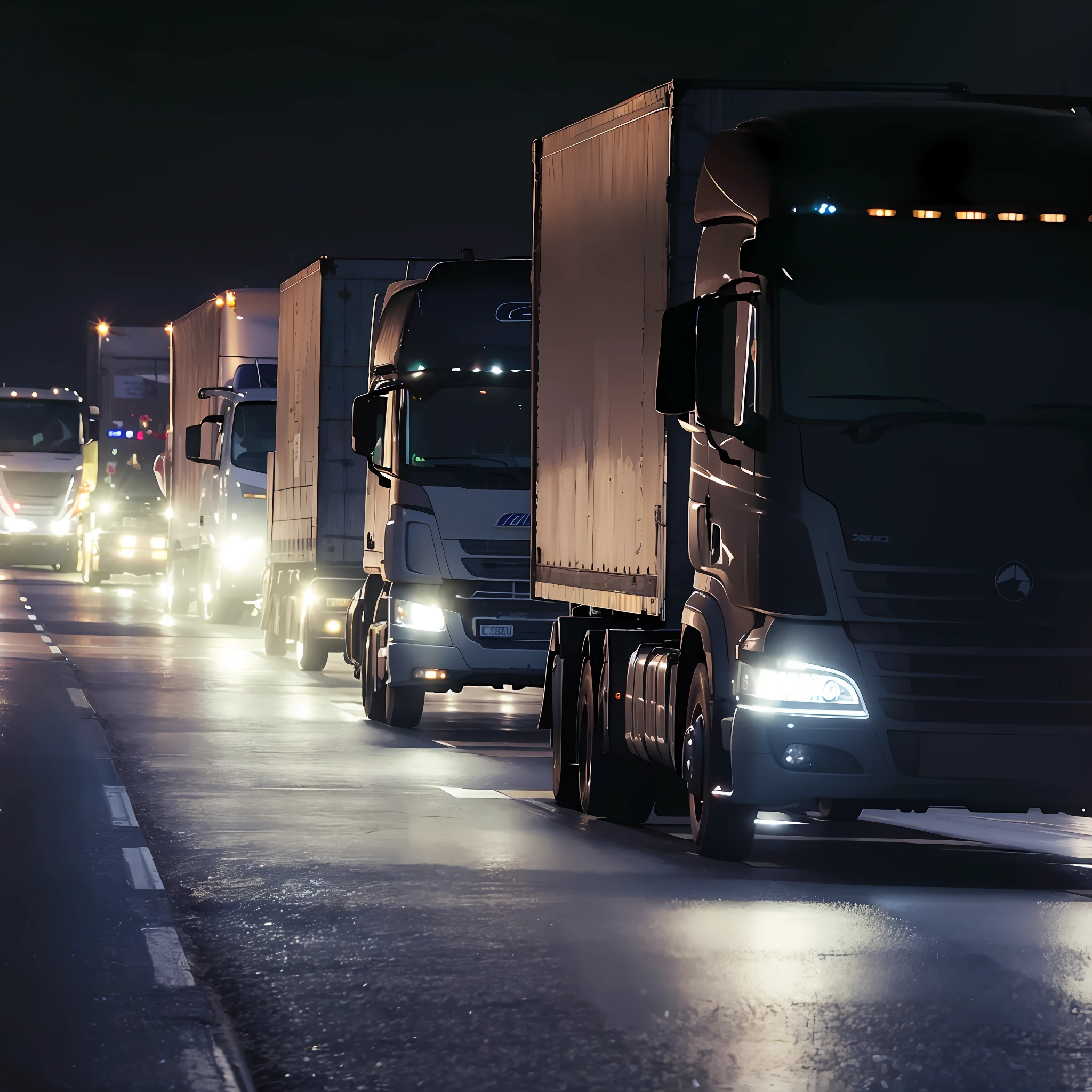 several cargo trucks driving at night on a highway with their headlights on