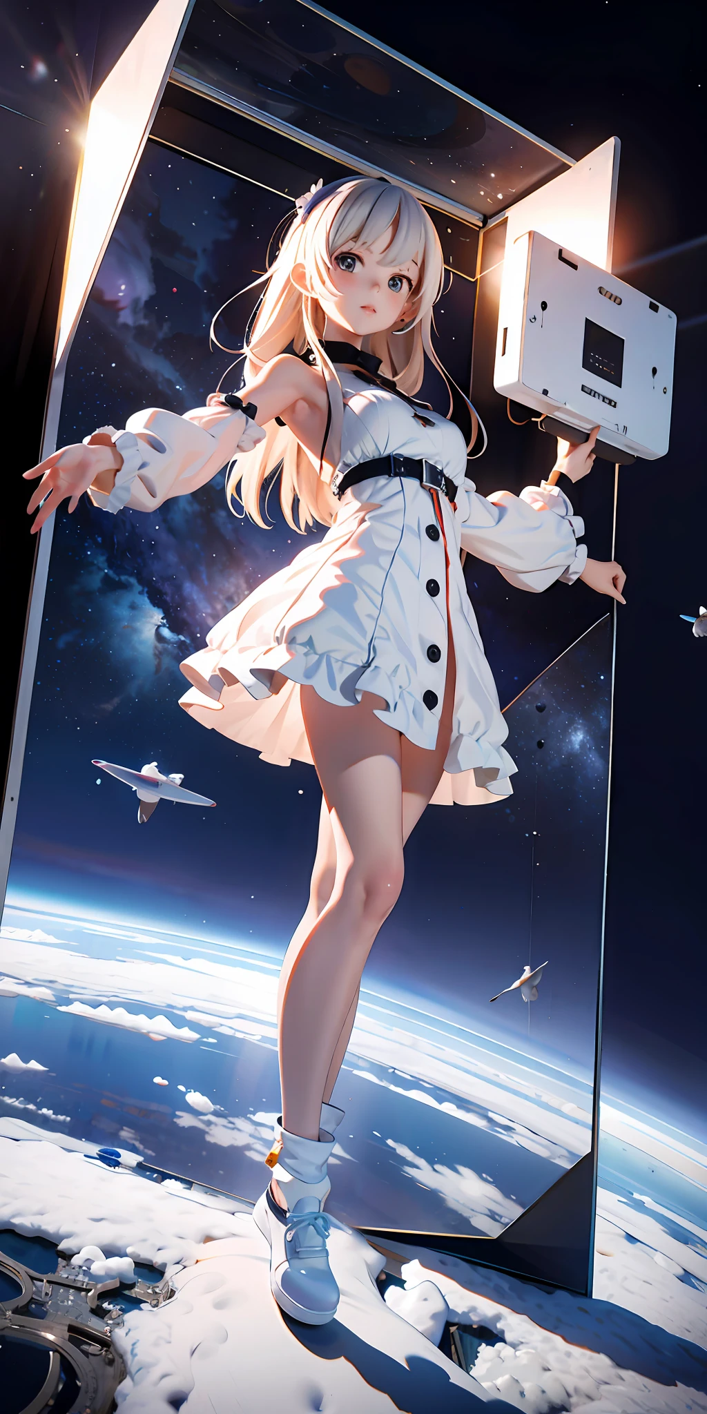 absurd res, high res, (masterpiece:1.4), ultra-detailed, 1girl, from above, space, floating