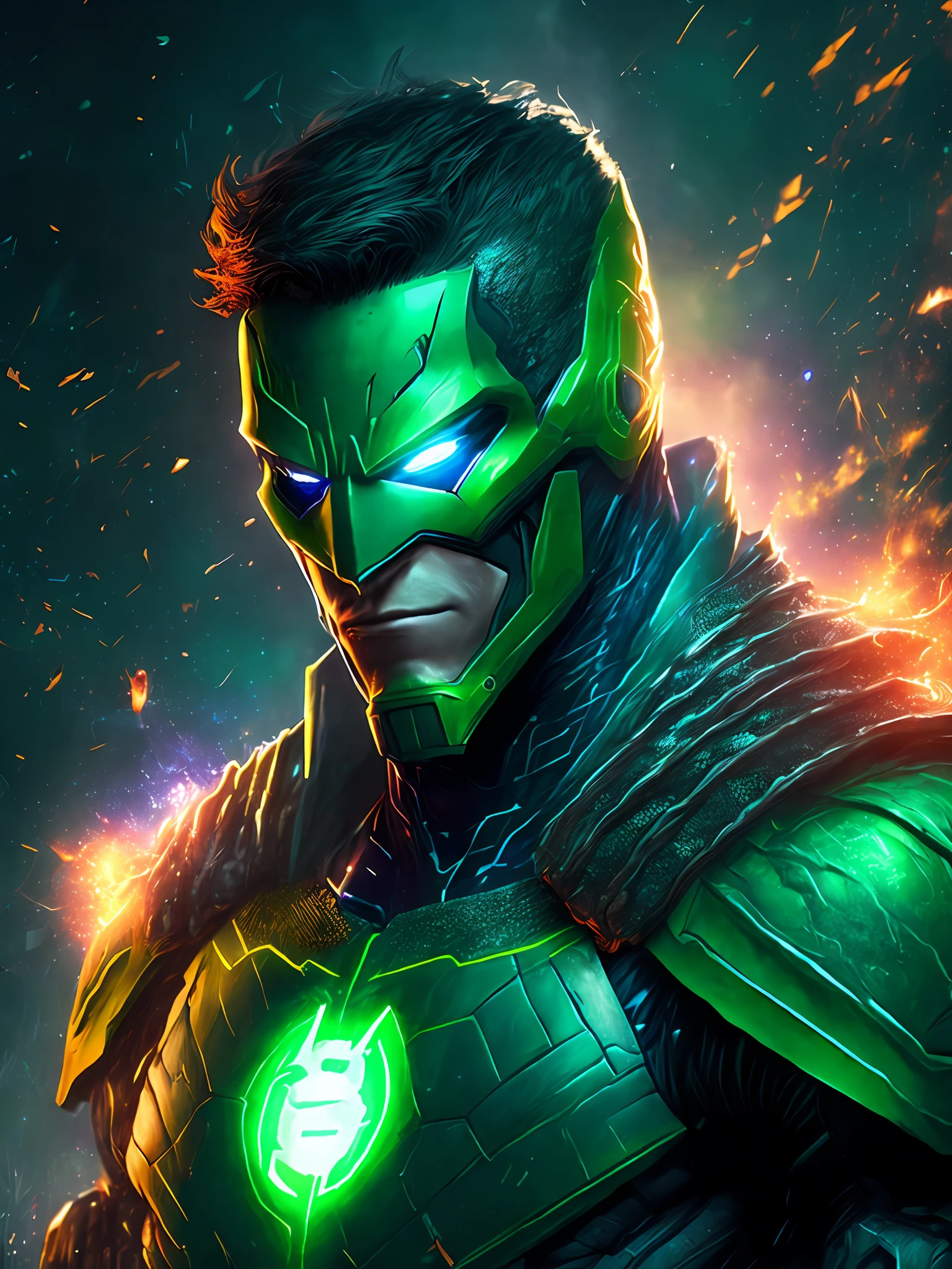 gloomy portrait of Deathstroke Green Lantern from DC, extremely detailed, futuristic cityscape, nighttime, glowing neon lights, smoke, sparks, metal shavings, flying debris, blue energy effects, volumetric light