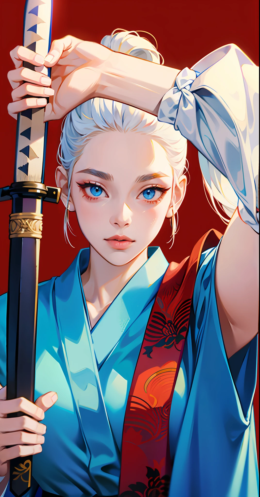 masterpiece, well detailed, Arafed woman holding the handle a katana in her right hand and with her left hand holding the sheath of a katana, looking at the viewer, red background, white hair and collected, blue eyes, in a blue and white kimono