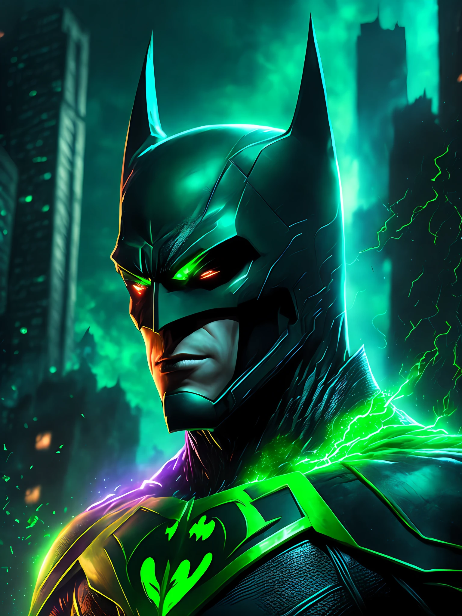 gloomy portrait of Batman Beyond Green Lantern from DC, extremely detailed, futuristic cityscape, nighttime, glowing neon lights, smoke, sparks, metal shavings, flying debris, blue energy effects, volumetric light