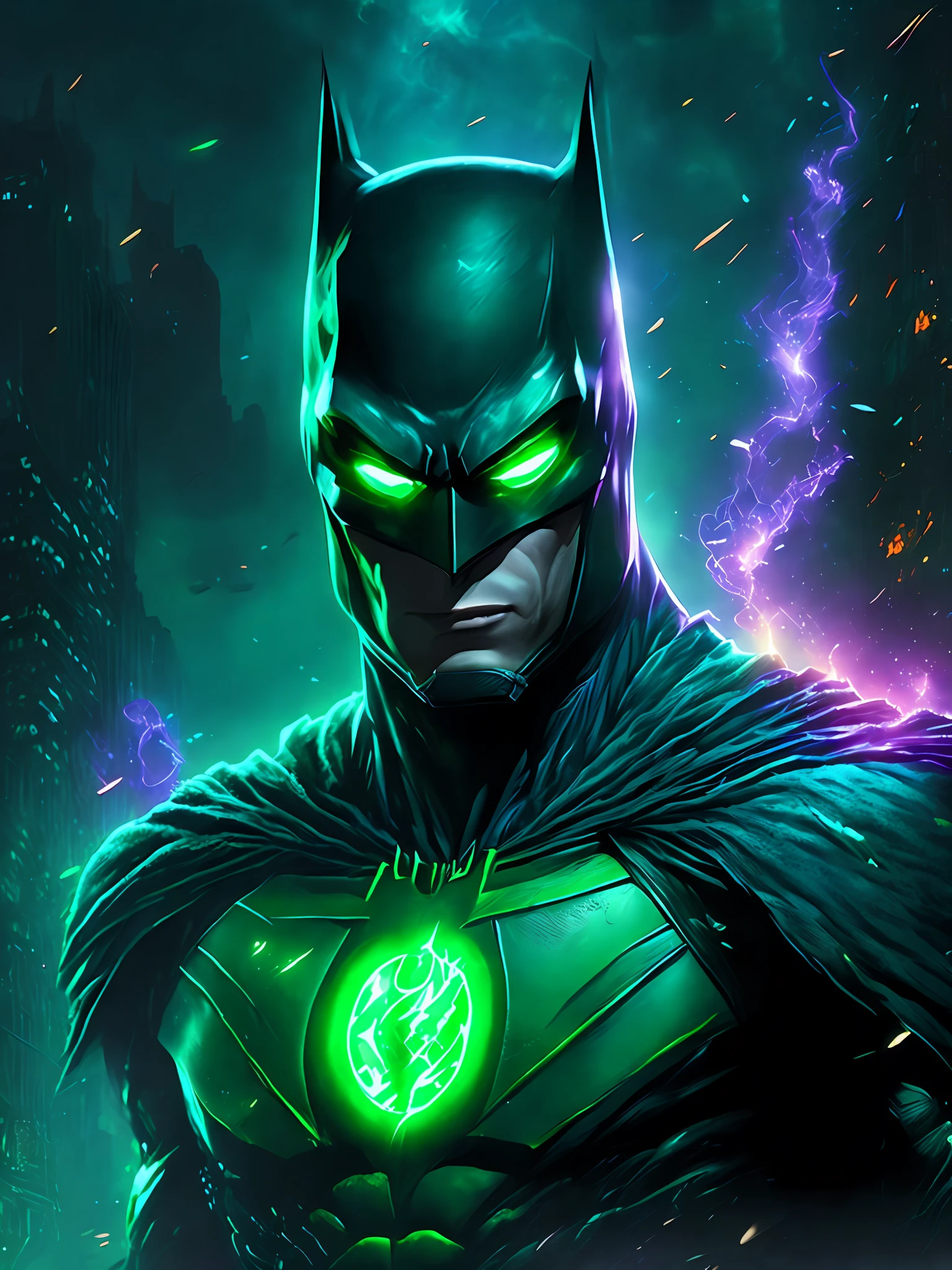 gloomy portrait of Batman Beyond Green Lantern from DC, extremely detailed, futuristic cityscape, nighttime, glowing neon lights, smoke, sparks, metal shavings, flying debris, blue energy effects, volumetric light