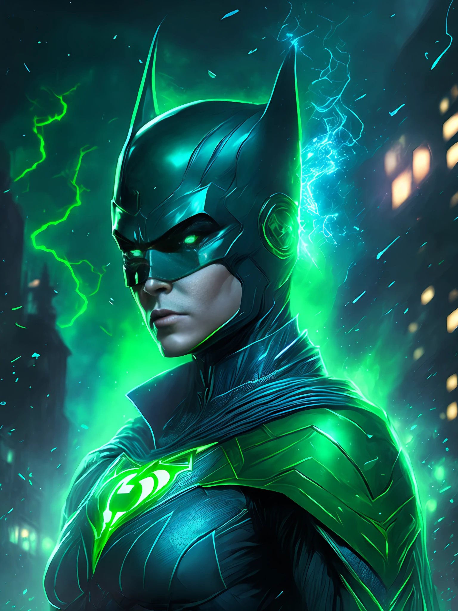 gloomy portrait of Batgirl Green Lantern from DC, extremely detailed, futuristic cityscape, nighttime, glowing neon lights, smoke, sparks, metal shavings, flying debris, blue energy effects, volumetric light