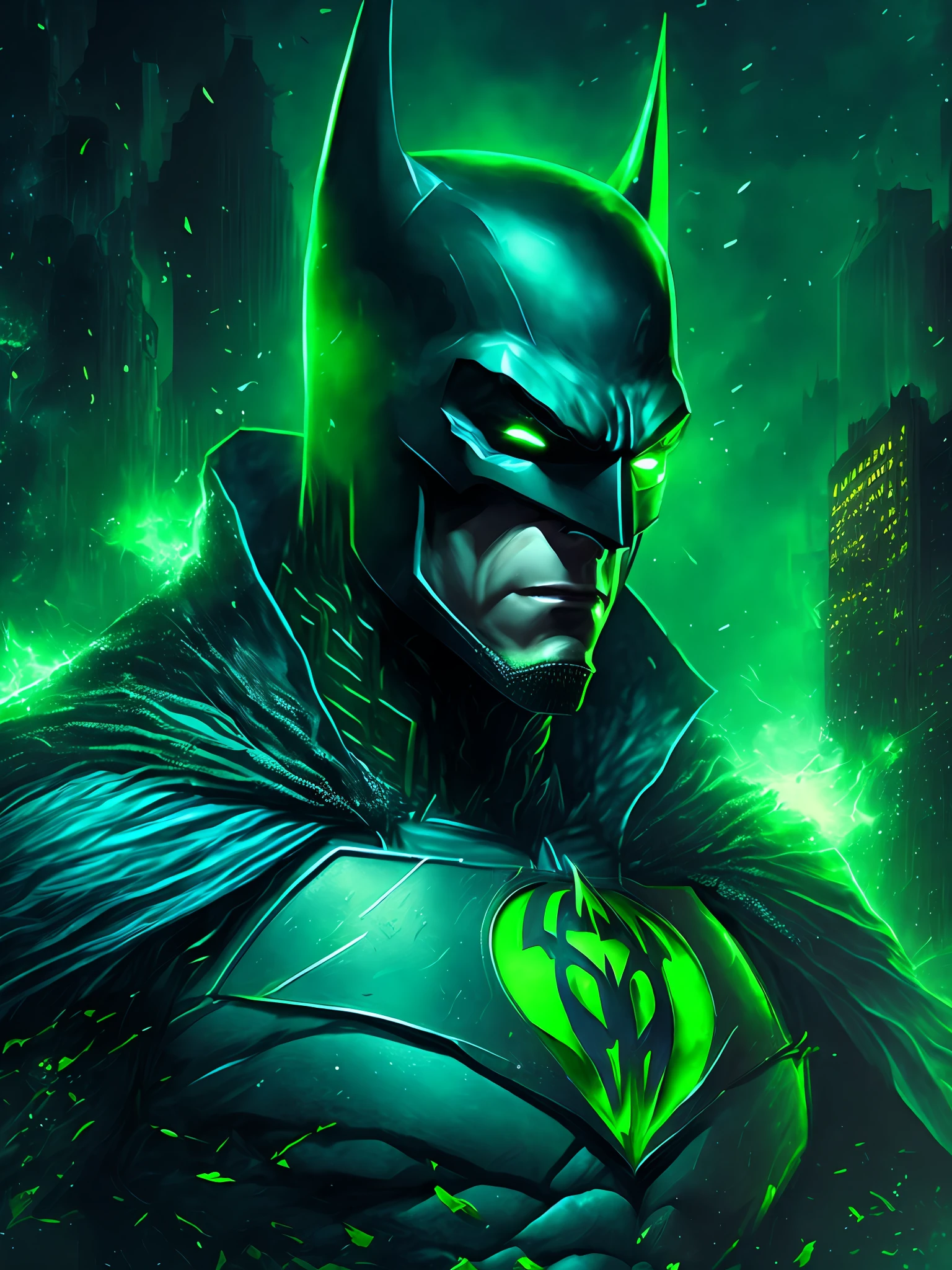 gloomy portrait of Batman Green Lantern from DC, extremely detailed, futuristic cityscape, nighttime, glowing neon lights, smoke, sparks, metal shavings, flying debris, blue energy effects, volumetric light