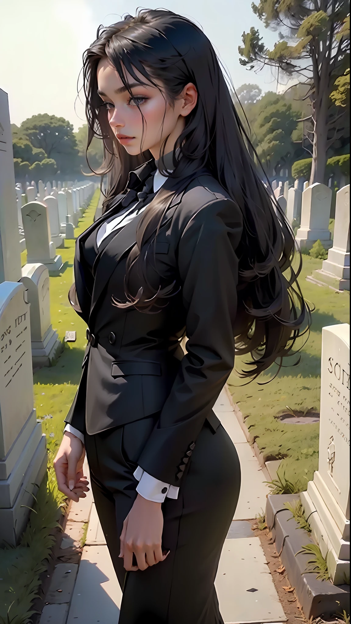 Best quality masterpiece, a woman long hair fringes, wearing an all black suit, cemetery environment