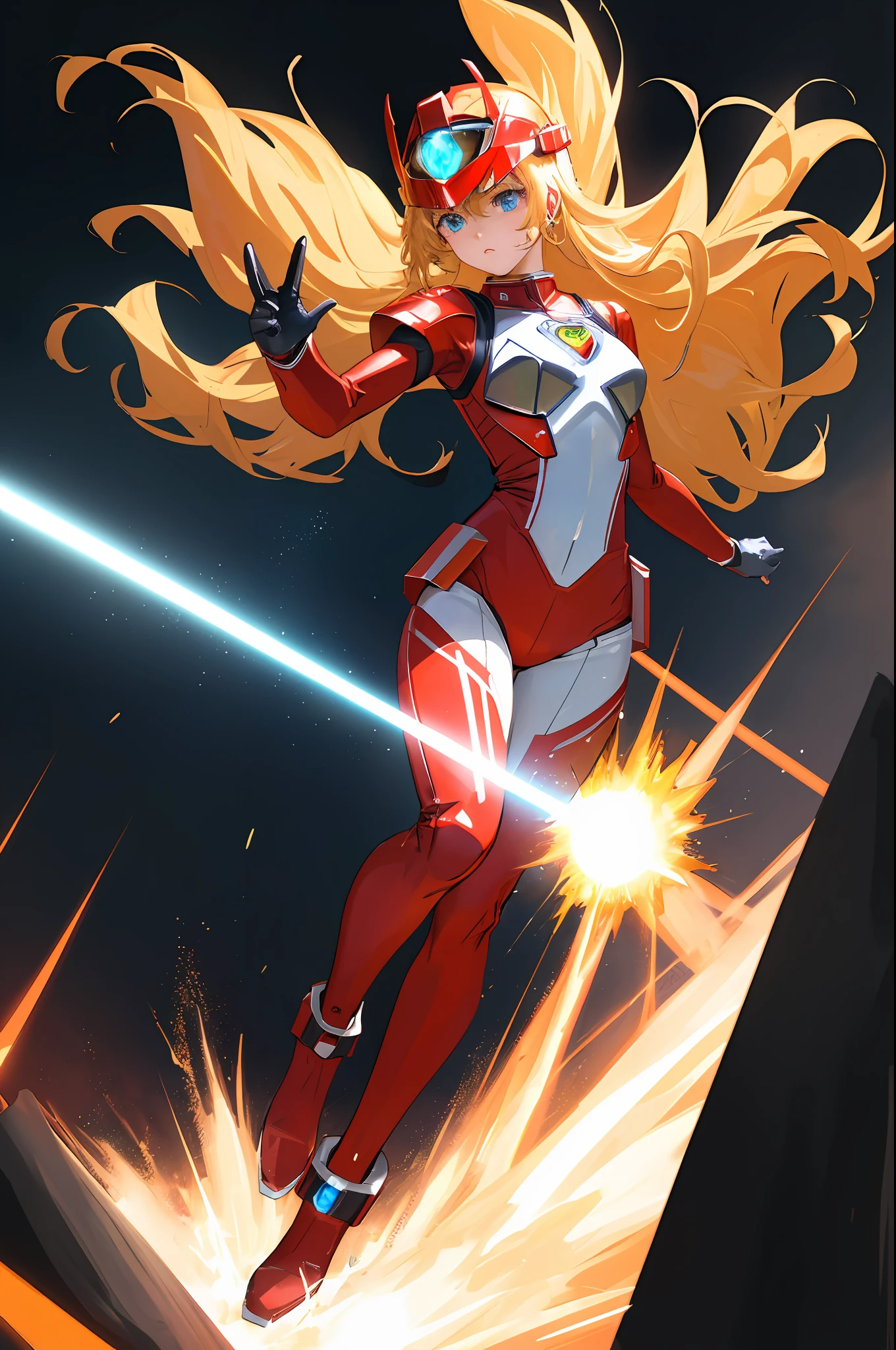 (Masterpiece, Best Quality: 1.2), Super Detail, Cinematic Lighting, (1 Girl: 1.3), She is a Sentai Heroine, Sentai Hero Goranger, Red Full Body Suit, Super Sentai, Power Rangers, Red Helmet with Big Heart-Shaped Visor, Very Big Heart Mark on Chest, White Boots, Fight Phantom, Solo, Beautiful Eye of Detail, Unified 8k Wallpaper, Ultra Detailed, Beautiful, slim body, small breasts, masterpiece, best quality, original, ultra high definition, sunlight, full body portrait, full body, amazing beauty, dynamic pose, dynamic angle, beautiful eyes, splashing light, laser beam, explosion, highly detailed futuristic city, detailed complex background, clear focus,