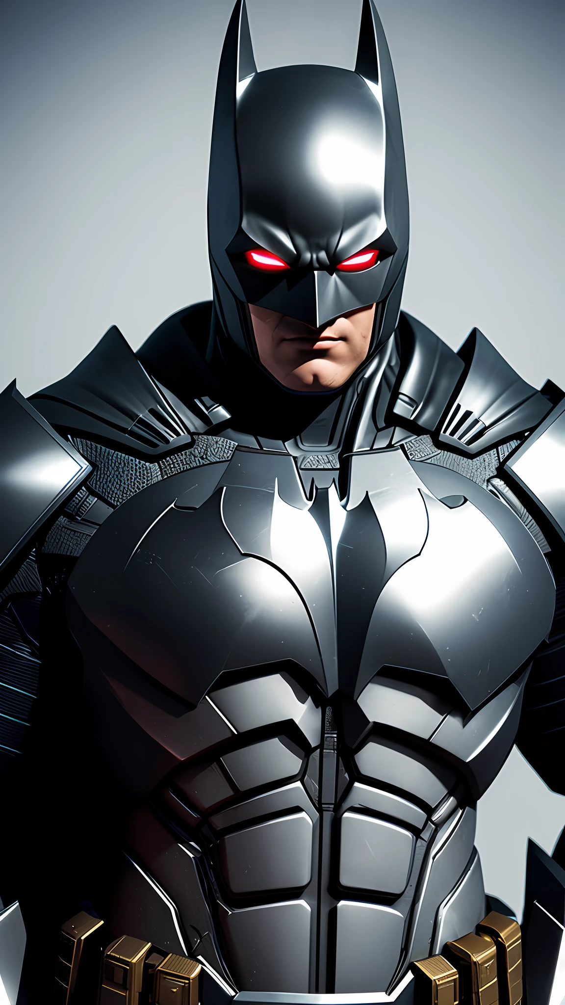 Batman, metallic armor, red eyes, photography, soft lighting, soft details, octane, trend artstation, ultra high detail, ultra realistic, cinematic, 16k