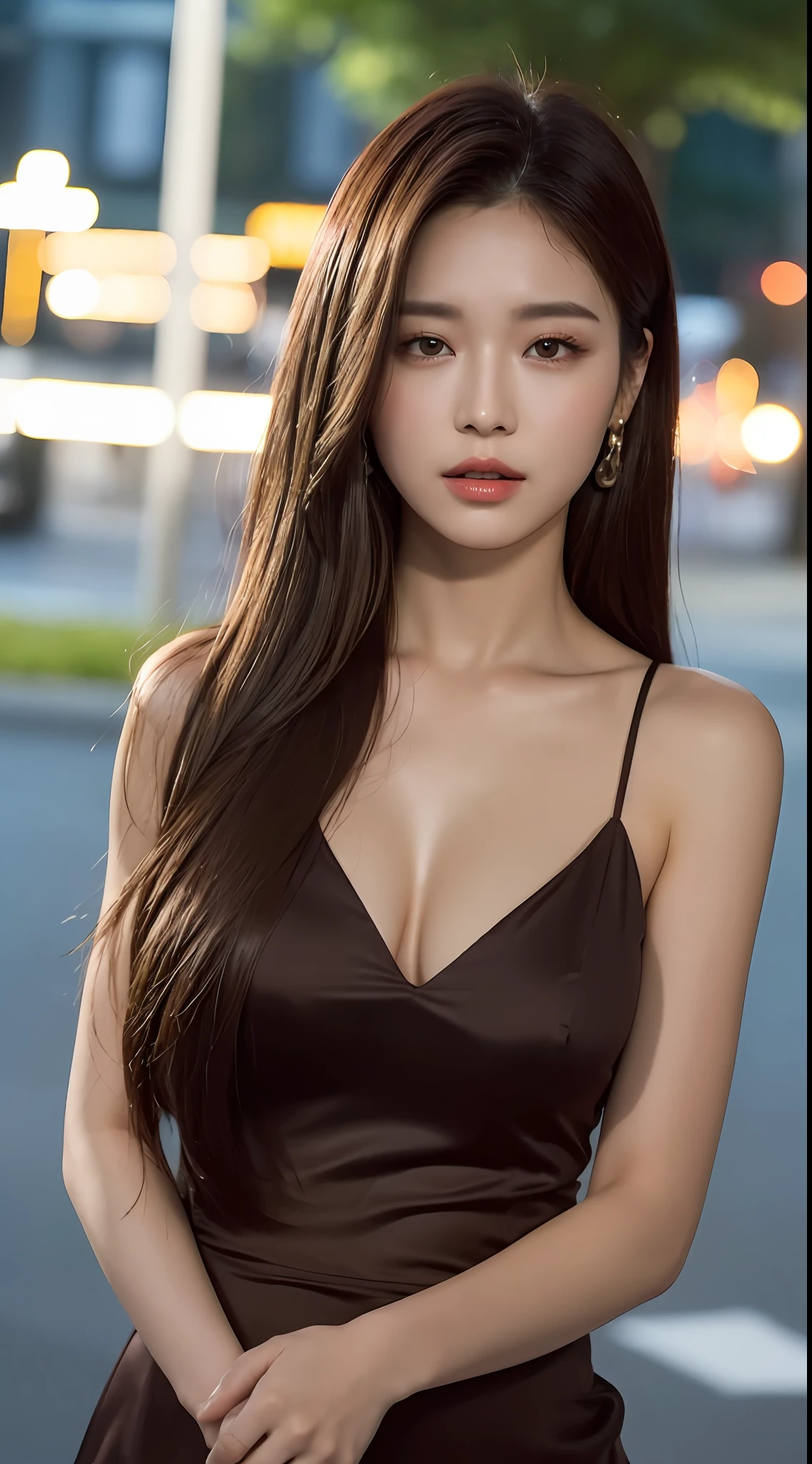 ((Realistic lighting, Best quality, 8K, Masterpiece: 1.3)), Clear focus: 1.2, 1girl, Perfect Body Beauty: 1.4, Slim Abs: 1.1, ((Dark Brown Hair, Big Breasts: 1.3)), (Aqua Dress: 1.4), (Outdoor, Night: 1.1), City Street, Super Fine Face, Fine Eyes, Double Eyelids