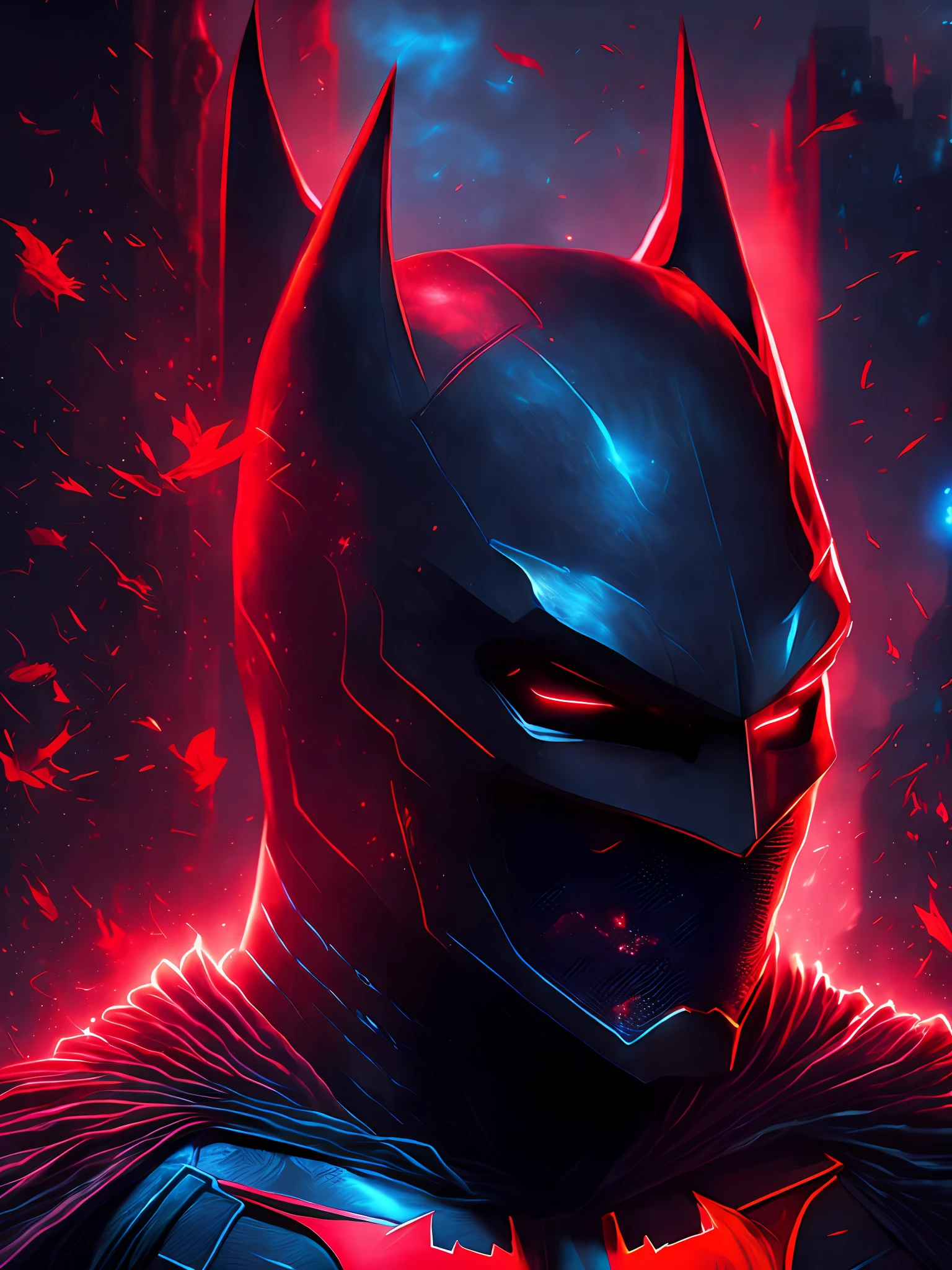 gloomy portrait of Batman Beyond Red Lantern from DC, extremely detailed, futuristic cityscape, nighttime, glowing neon lights, smoke, sparks, metal shavings, flying debris, blue energy effects, volumetric light