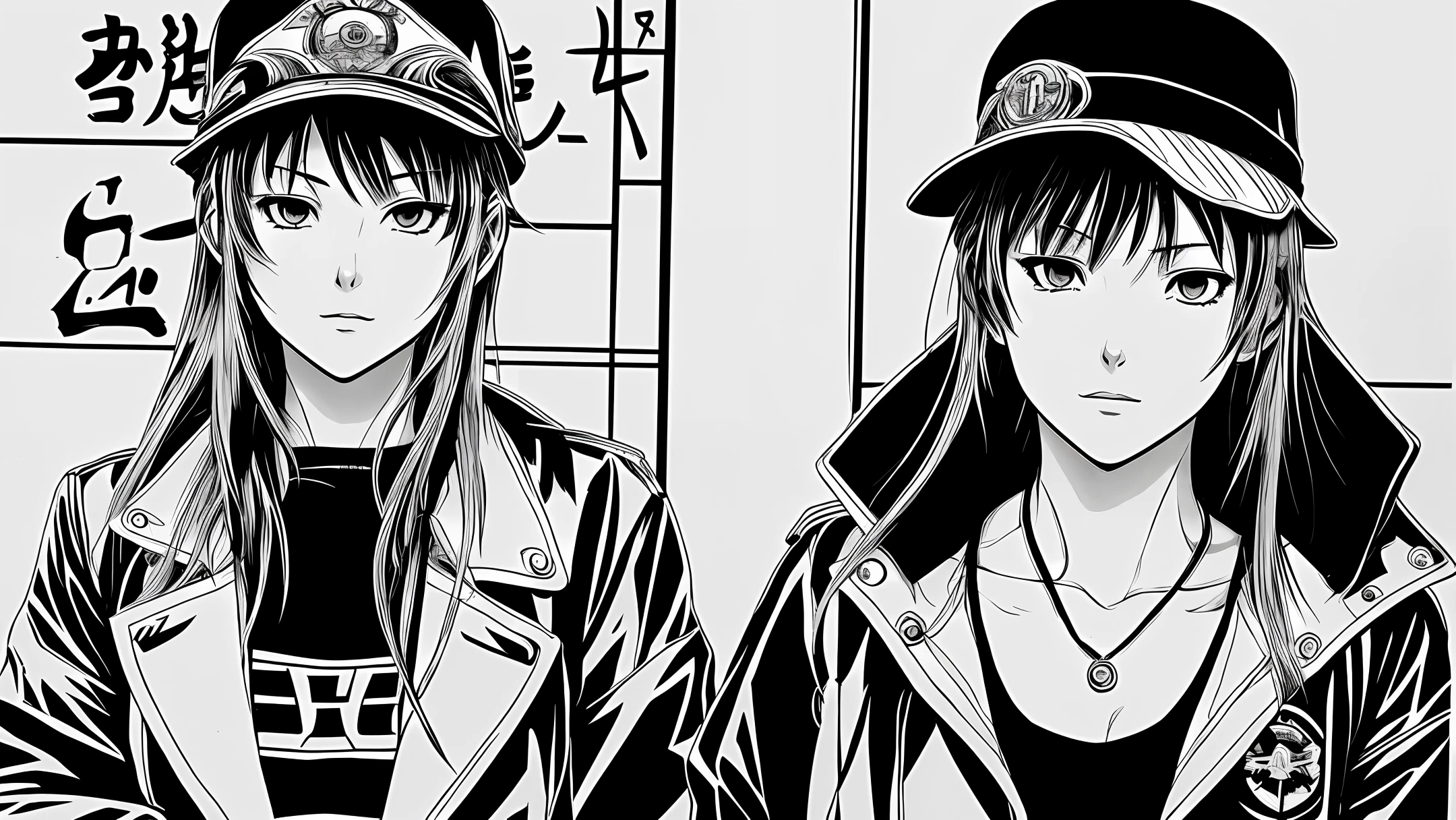 anime drawing of a woman with a hat and a jacket, rei hiroe black lagoon manga, shohei otomo, style of hajime isayama, black and white manga style, inspired by Yukihiko Yasuda, sui ishida art manga, inspired by Hirohiko Araki, inspired in hirohiko araki, black and white manga panel