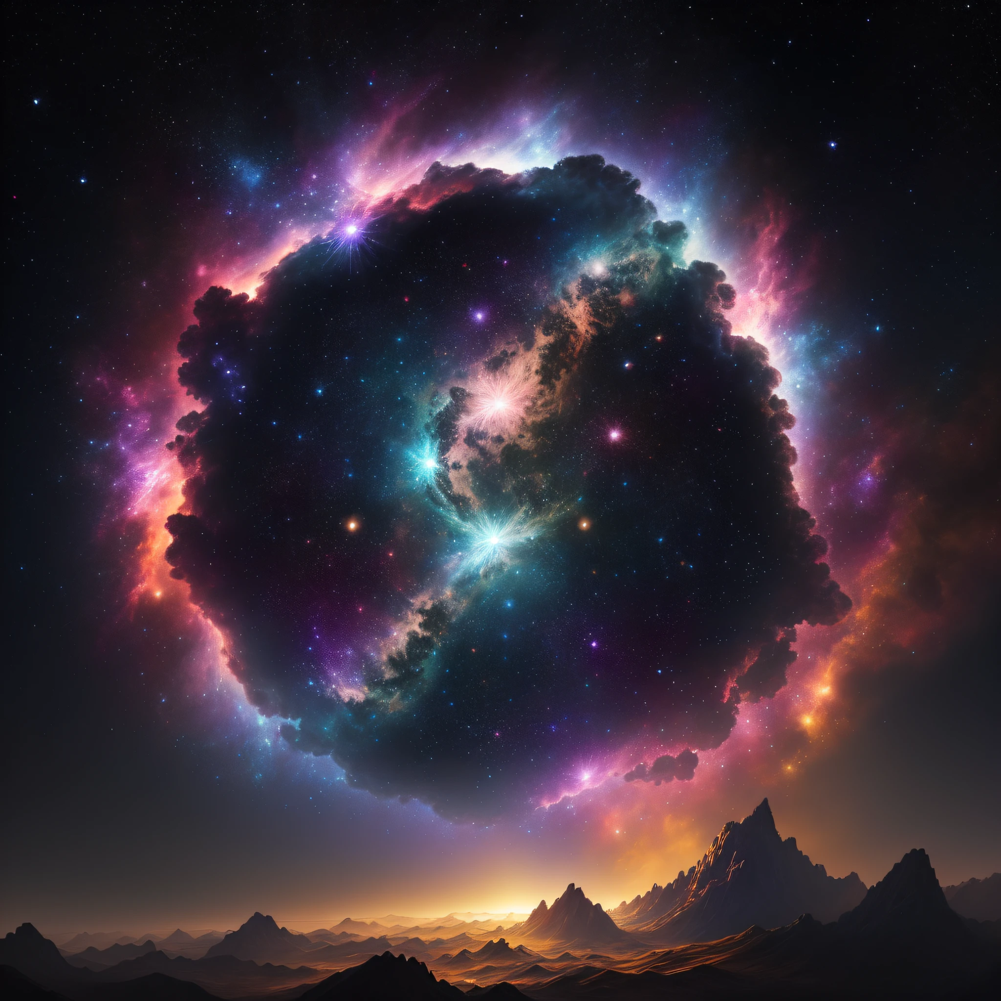 Nebula star clusters bloom like flowers in the universe, masterpiece, best quality, high quality, epic composition, very detailed CG unity 8k wallpaper, oil painting, award winning photography, bokeh, depth of field, HDR, chromatic aberration, photorealism , very detailed, trending on artstation, intricate, high detail, dramatic, midway art, volumetric lighting --v 6