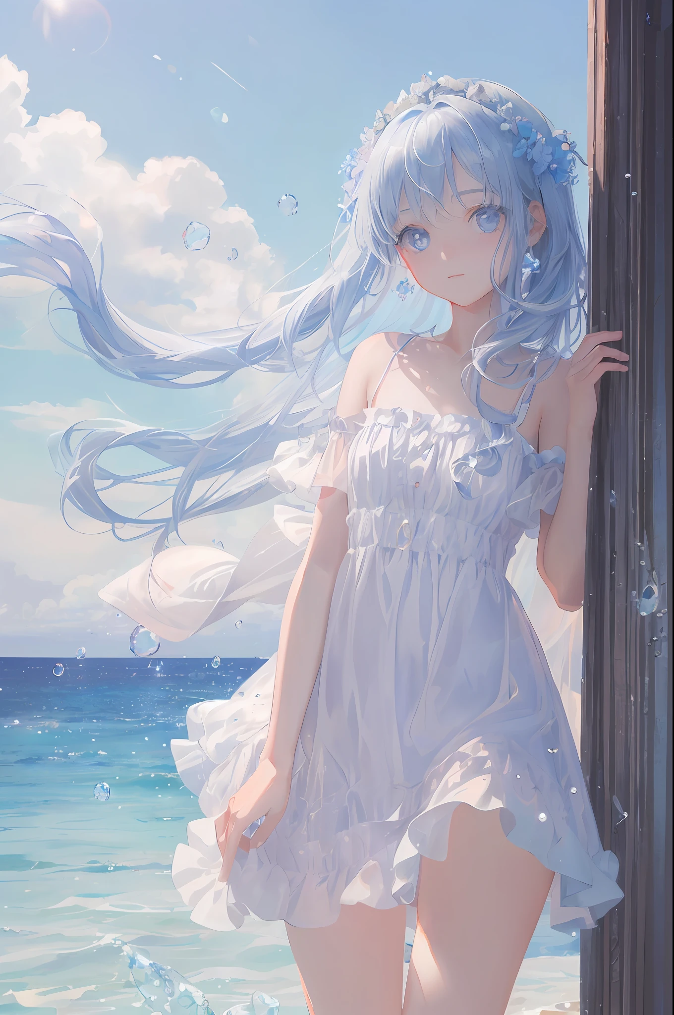 art by Cornflower, dreamy
(a girl who was petite and had beautiful detailed eyes. The depth of field in the photo was perfect, and the lens flare added a nice touch. The finely detailed features of her face really stood out, and the score for this photo was definitely greater than 10. In the background, there was a beautiful ocean with crystal clear water and water droplets on the surface. It was a stunning photo that really captured the beauty of the girl and the water.)