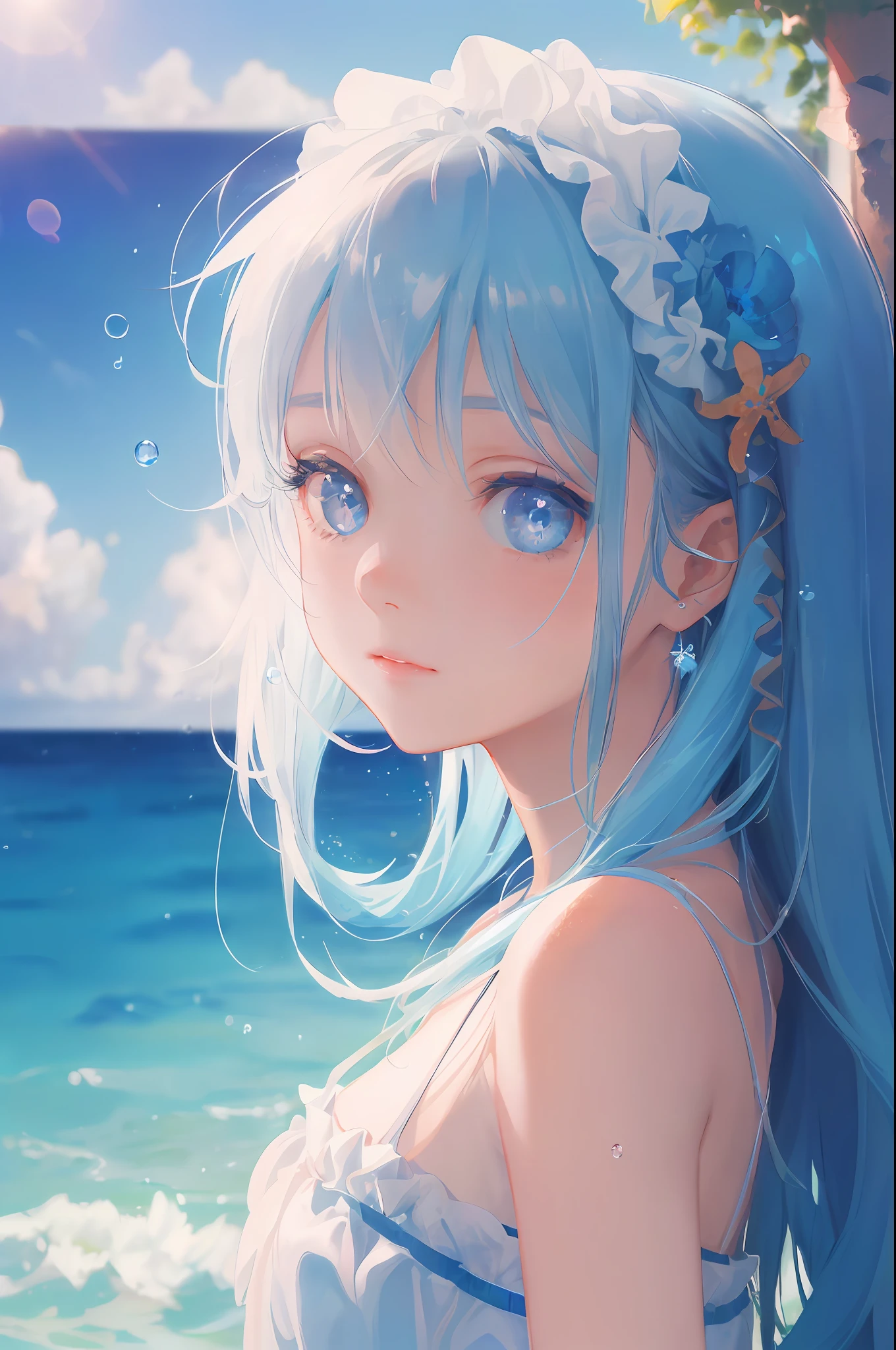 art by Cornflower, dreamy
(a girl who was petite and had beautiful detailed eyes. The depth of field in the photo was perfect, and the lens flare added a nice touch. The finely detailed features of her face really stood out, and the score for this photo was definitely greater than 10. In the background, there was a beautiful ocean with crystal clear water and water droplets on the surface. It was a stunning photo that really captured the beauty of the girl and the water.)