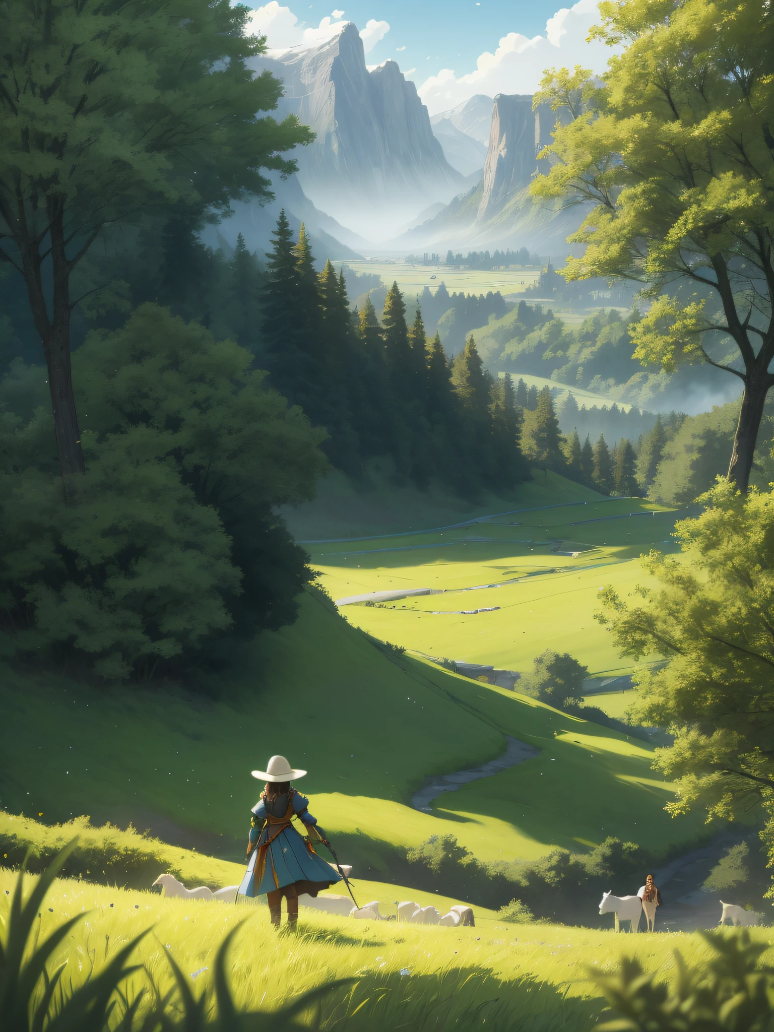 In a green meadow stands a girl leading a group of knights.
BREAK
With a brave expression, she guides them towards their destination.
BREAK
Behind her, a green forest stretches out and beyond that, mountains rise in the distance.
BREAK
The most suitable effect for this scene would be a watercolor painting technique to capture the softness of the meadow and the fluidity of the movement.
