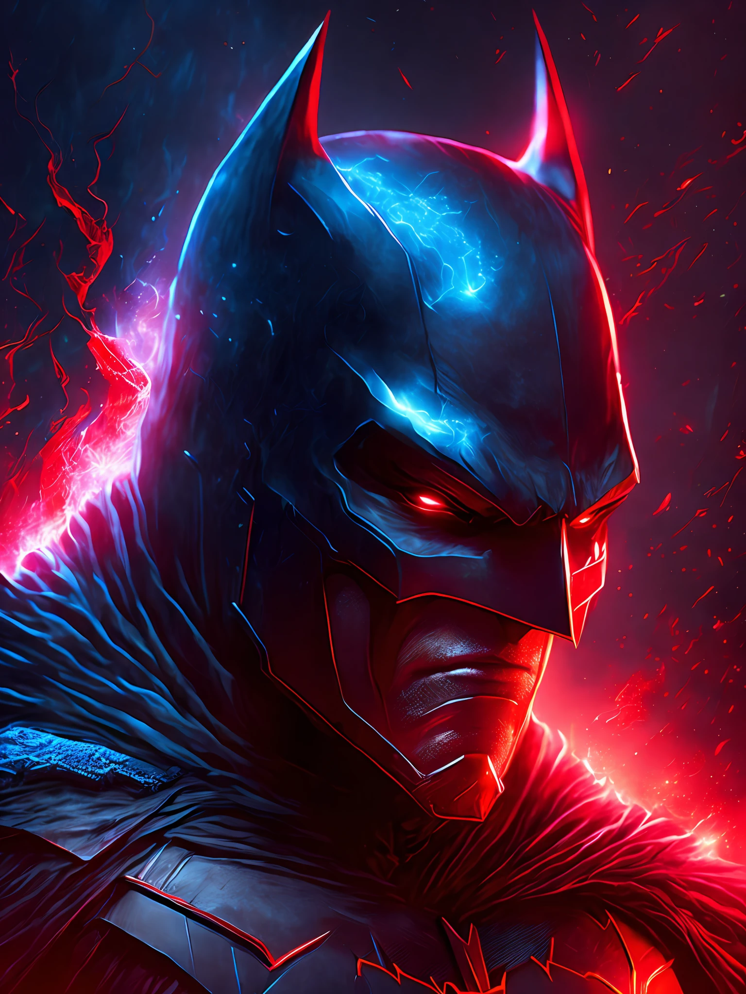 gloomy portrait of Batman Red Lantern from DC, extremely detailed, futuristic cityscape, nighttime, glowing neon lights, smoke, sparks, metal shavings, flying debris, blue energy effects, volumetric light