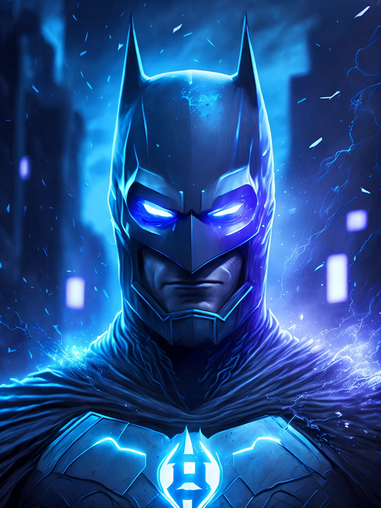 gloomy portrait of Batman White Lantern from DC, extremely detailed, futuristic cityscape, nighttime, glowing neon lights, smoke, sparks, metal shavings, flying debris, blue energy effects, volumetric light