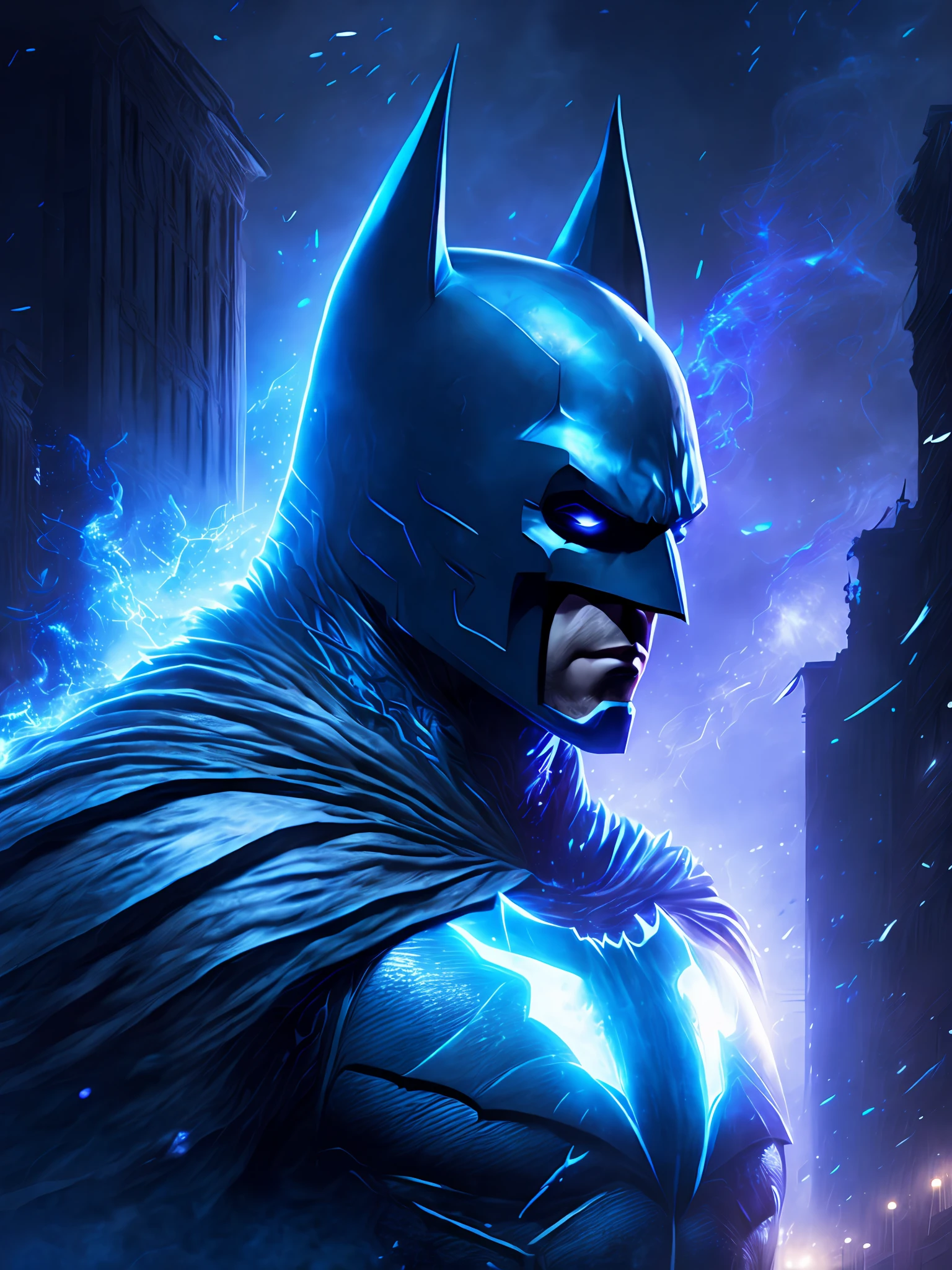 gloomy portrait of Batman White Lantern from DC, extremely detailed, futuristic cityscape, nighttime, glowing neon lights, smoke, sparks, metal shavings, flying debris, blue energy effects, volumetric light