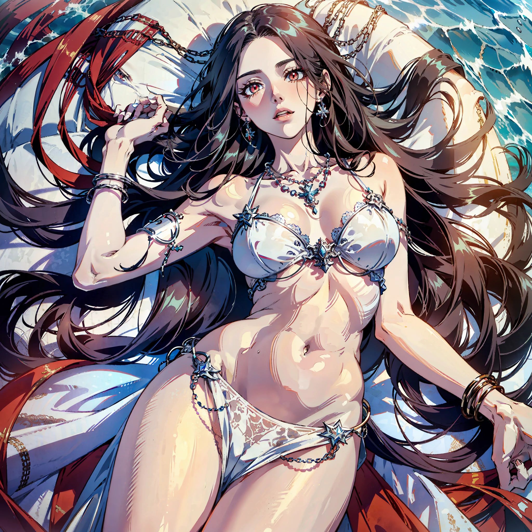 8k, Medusa, long hair, red and white eyes, super detailed sea surface, explosion in eye reflection, sexy wedding dress, transparent material, sunny beach background, expression of joy and joy, full of charm, symbol of central femininity, well-structured female body, plump breasts, thin waist, gorgeous necklace, waist chain, neck chain, blue jewelry all over the body, lying on the side on a white bed, foot perspective, perfect buttocks, white feet, smooth and delicate skin, perfect legs, perfect hands,