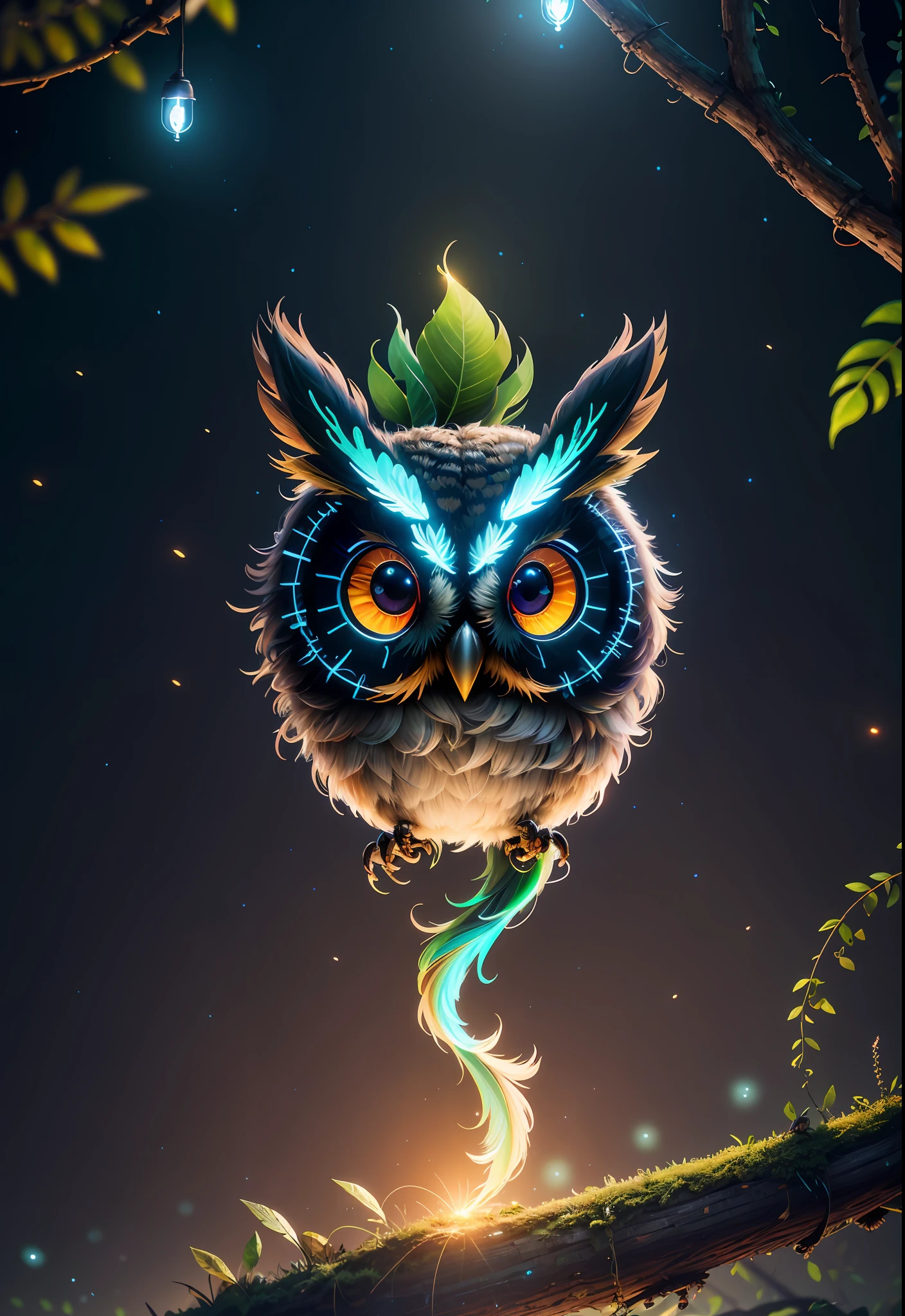 Masterpiece, best quality, extremely beautiful reflection, best reflection. (Very detailed CG unity 8k wallpaper), (best quality), (best illustration), (best shadow), a photo of a cybernetic owl, perched on barbed wire in a dark alley. His eyes are neon blue, reflecting the lights of the surrounding city. The feathers are fragmented and iridescent, and there is a wonderful code running through them. The shots used create a deformation effect, giving the impression that an owl is observing the viewer from all angles, with a forest theme with natural elements. Tall trees, quiet stream, glowing small mushrooms surrounded by delicate leaves and branches, and fireflies and glowing particle effects, (natural elements), (jungle theme), (leaves), (branches), (fireflies), butterflies, (delicate leaves), (glow), (particle effects), isometric 3D, Octane rendering, ray tracing, super detailed