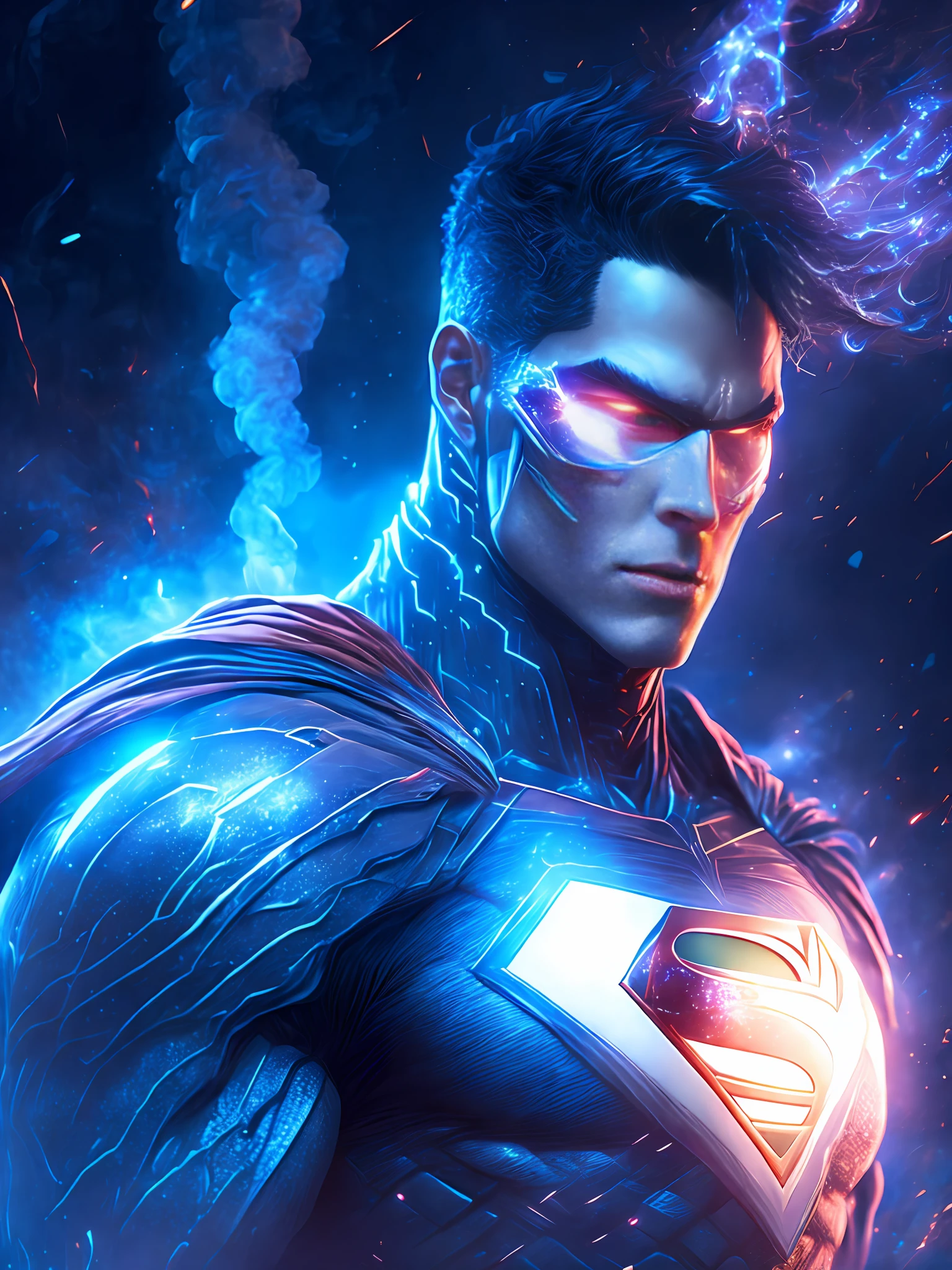 gloomy portrait of Cyborg Superman White Lantern from DC, extremely detailed, futuristic cityscape, nighttime, glowing neon lights, smoke, sparks, metal shavings, flying debris, blue energy effects, volumetric light