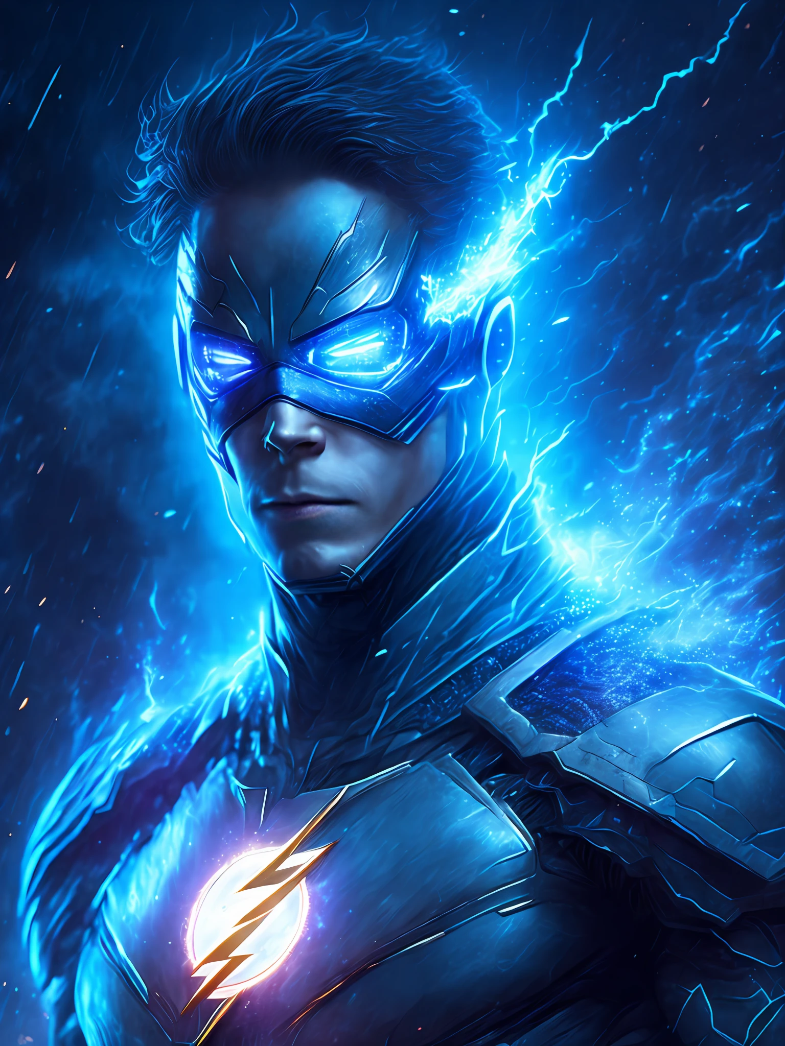 gloomy portrait of Flash White Lantern from DC, extremely detailed, futuristic cityscape, nighttime, glowing neon lights, smoke, sparks, metal shavings, flying debris, blue energy effects, volumetric light
